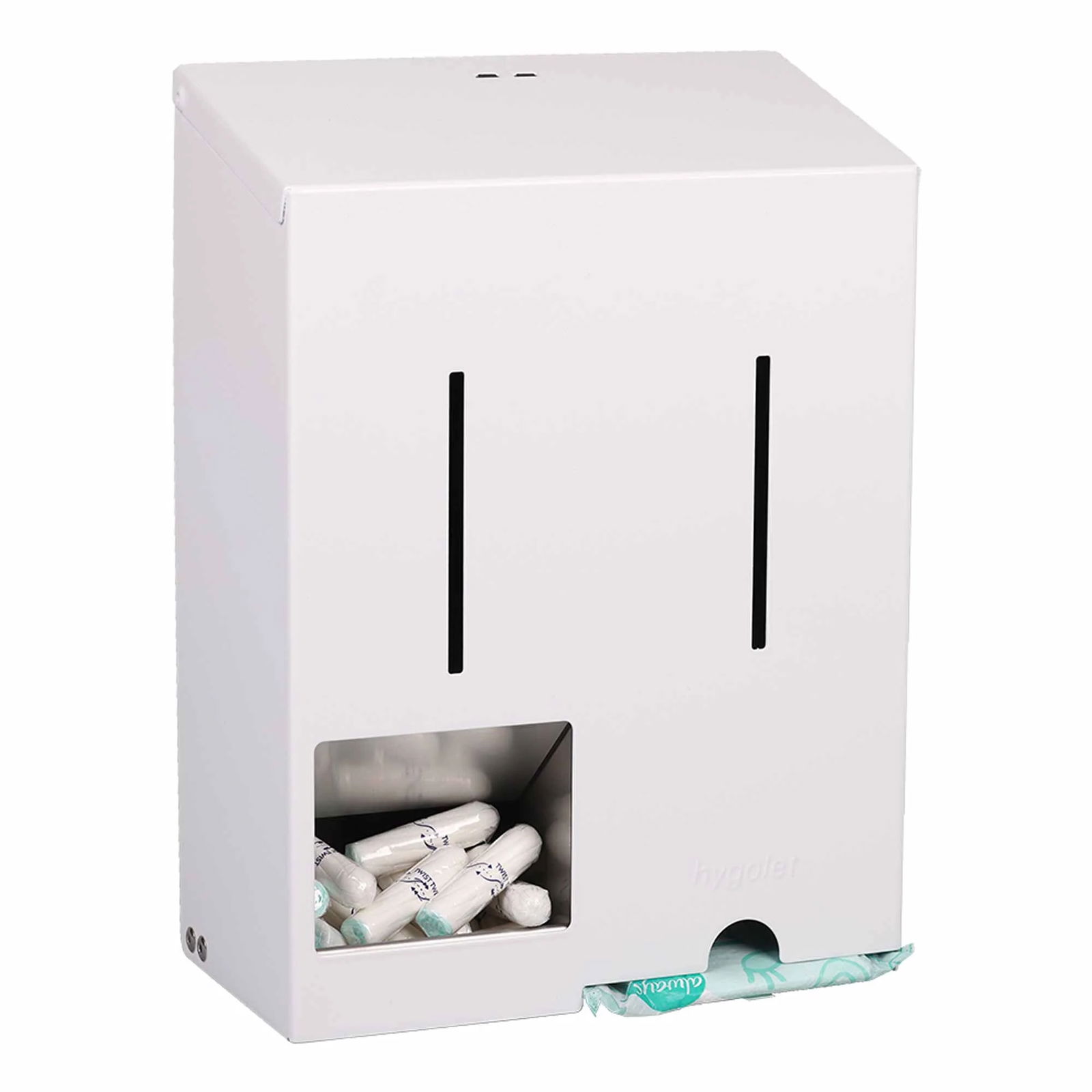 Dispenser di tamponi e assorbenti igienici HygoComfort Whiteline in acciaio inox