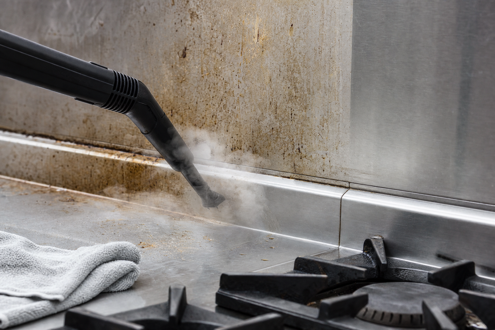 Steam nozzle lifting baked-on grease from a hob and stainless steel splashback in a commercial kitchen