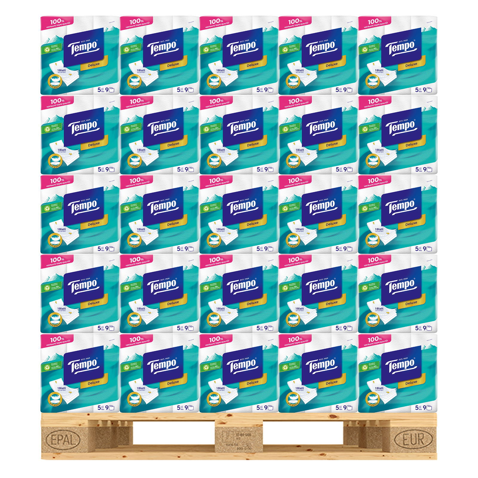 Tempo Deluxe white toilet paper, 5-ply, pallet with 945 rolls