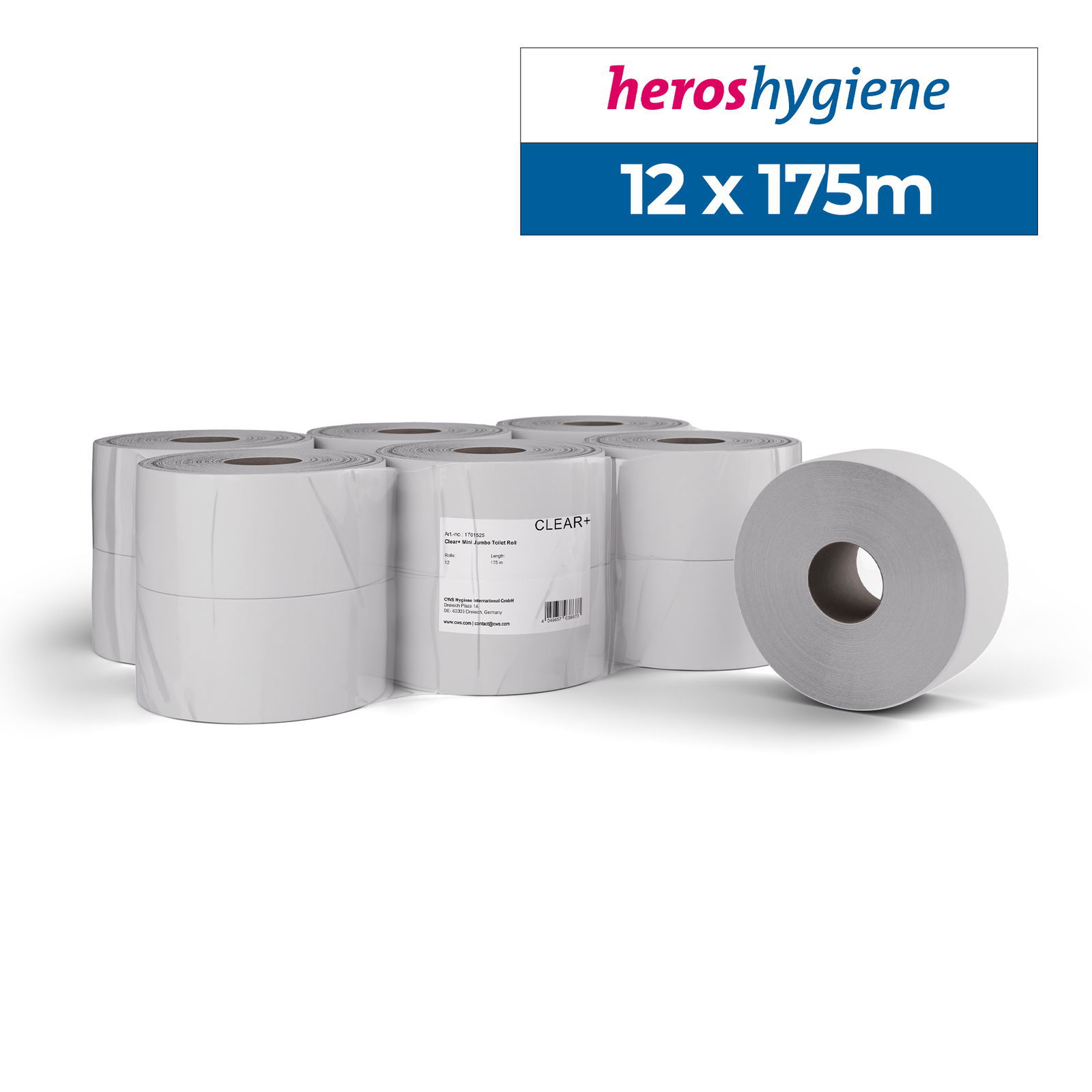 Clear+ 1701525 Toilettenpapier Mini Jumbo-Rollen 2-lagig 175m