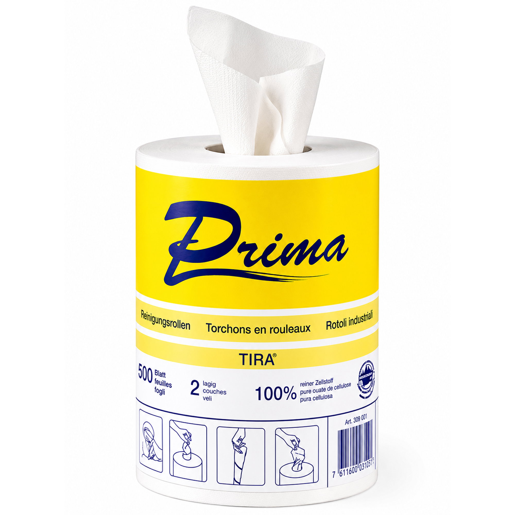 Prima Tira Reinigungsrolle Zellstoff 2-lagig, Tuchrollen, Taschentücher, Papierrolle,  Reinigungspapier, 500 Blatt