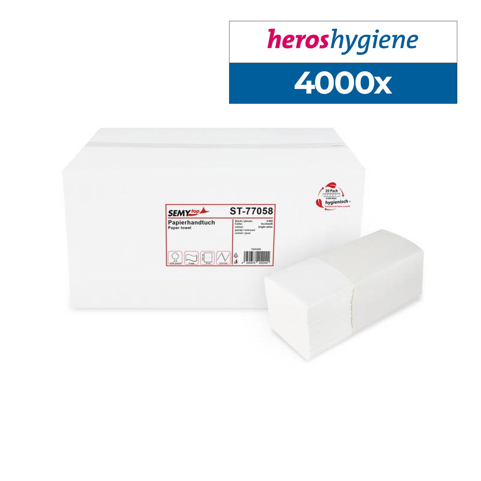 SemyTop ST-77058 Papierhandtuch Zellstoff hochweiss 2-lagig V-Falz 4000 Blatt