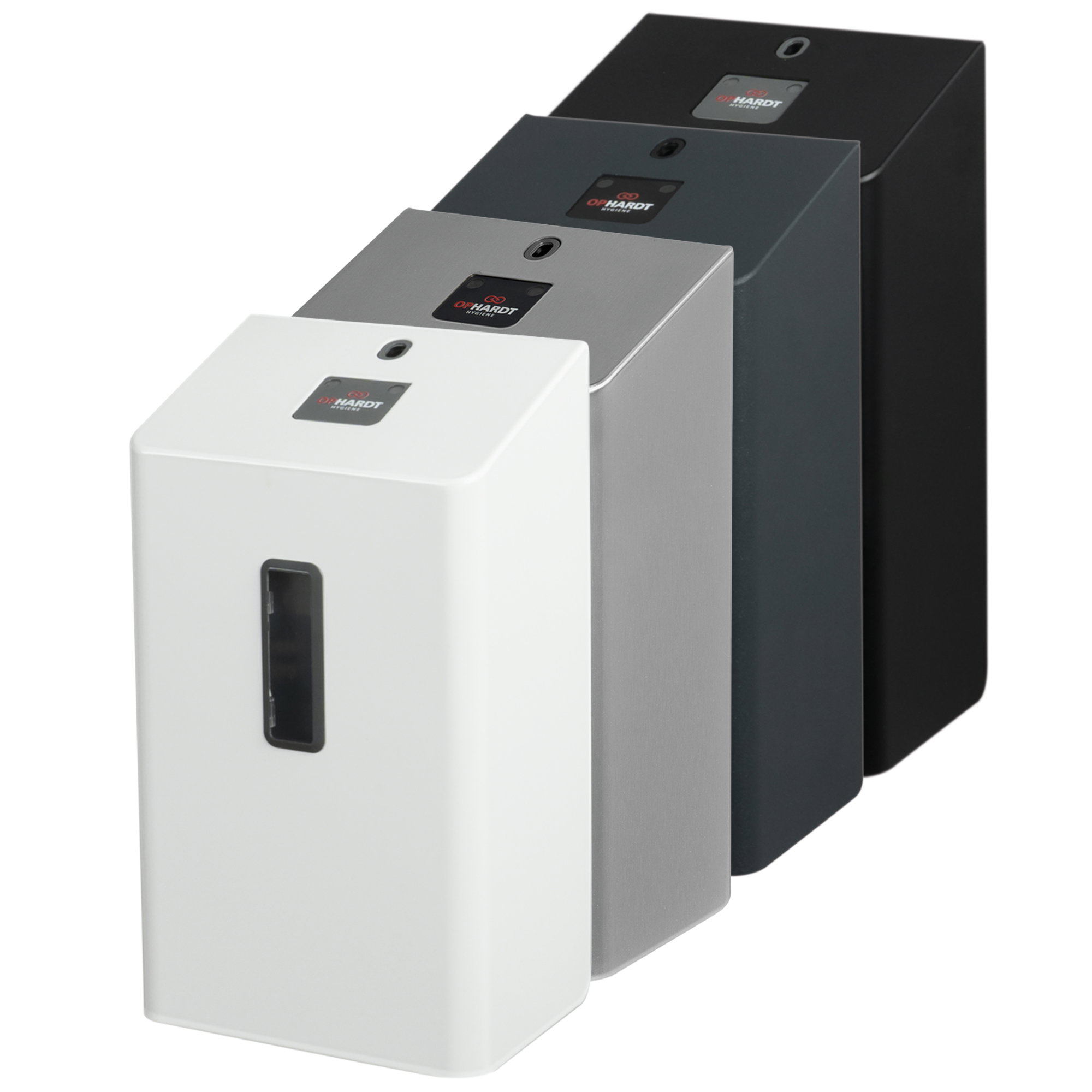 POM dispenser, Handtuchspender, Bedienfeld, Metallic finish, Weißer Abstellblock