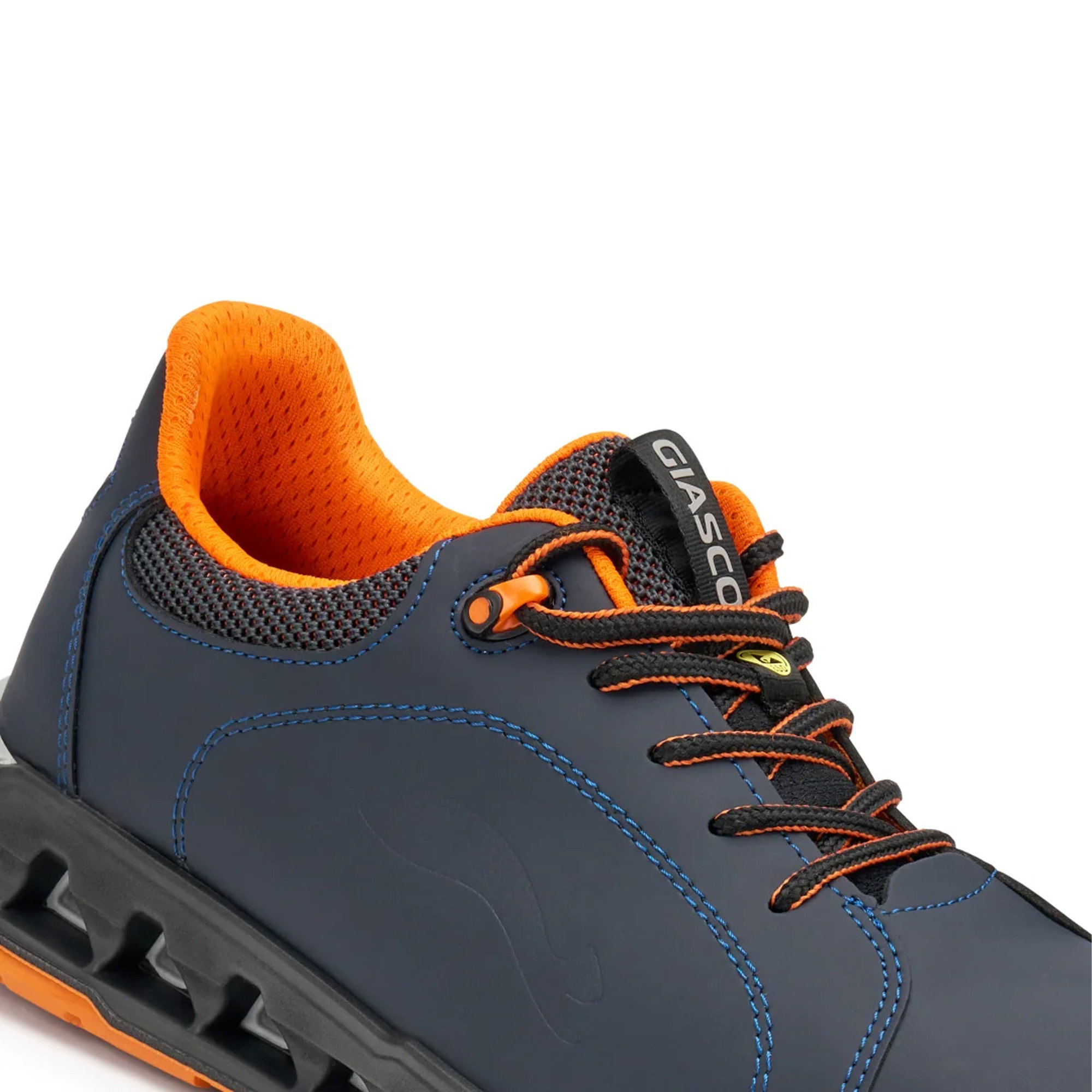 Laufschuh, Sport-Schuh, blauer Schuh, orange Innenfutter, Schnürsenkel-Detail