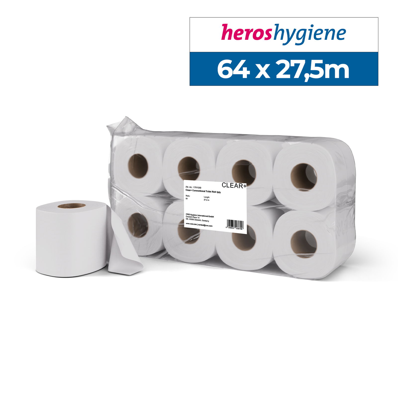 Clear+ 1701530 Toilettenpapier 3-lagig 64 Rollen