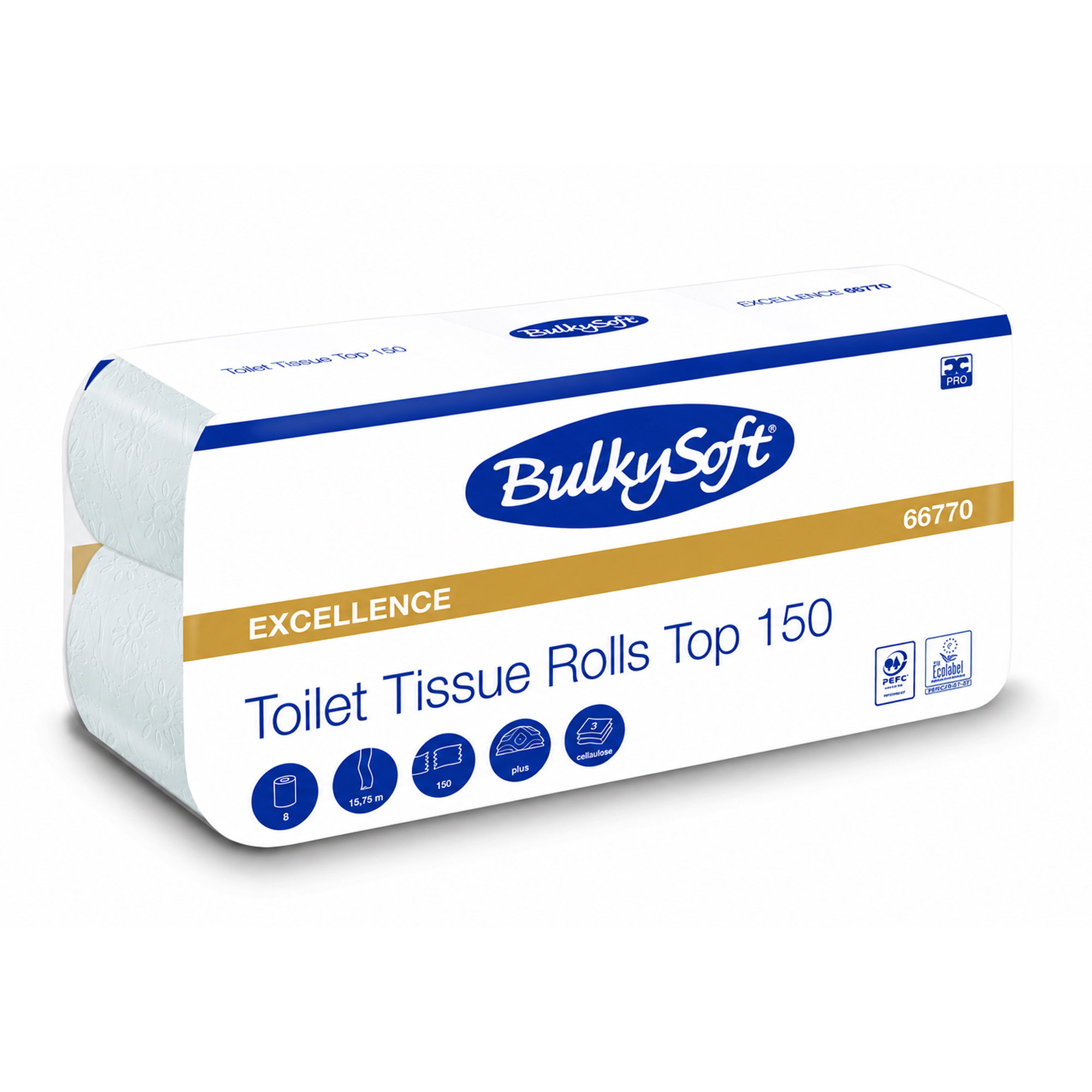 Toiletpapier, Taschentücherrollen, Top 150, weiße Verpackung, blaues Logo