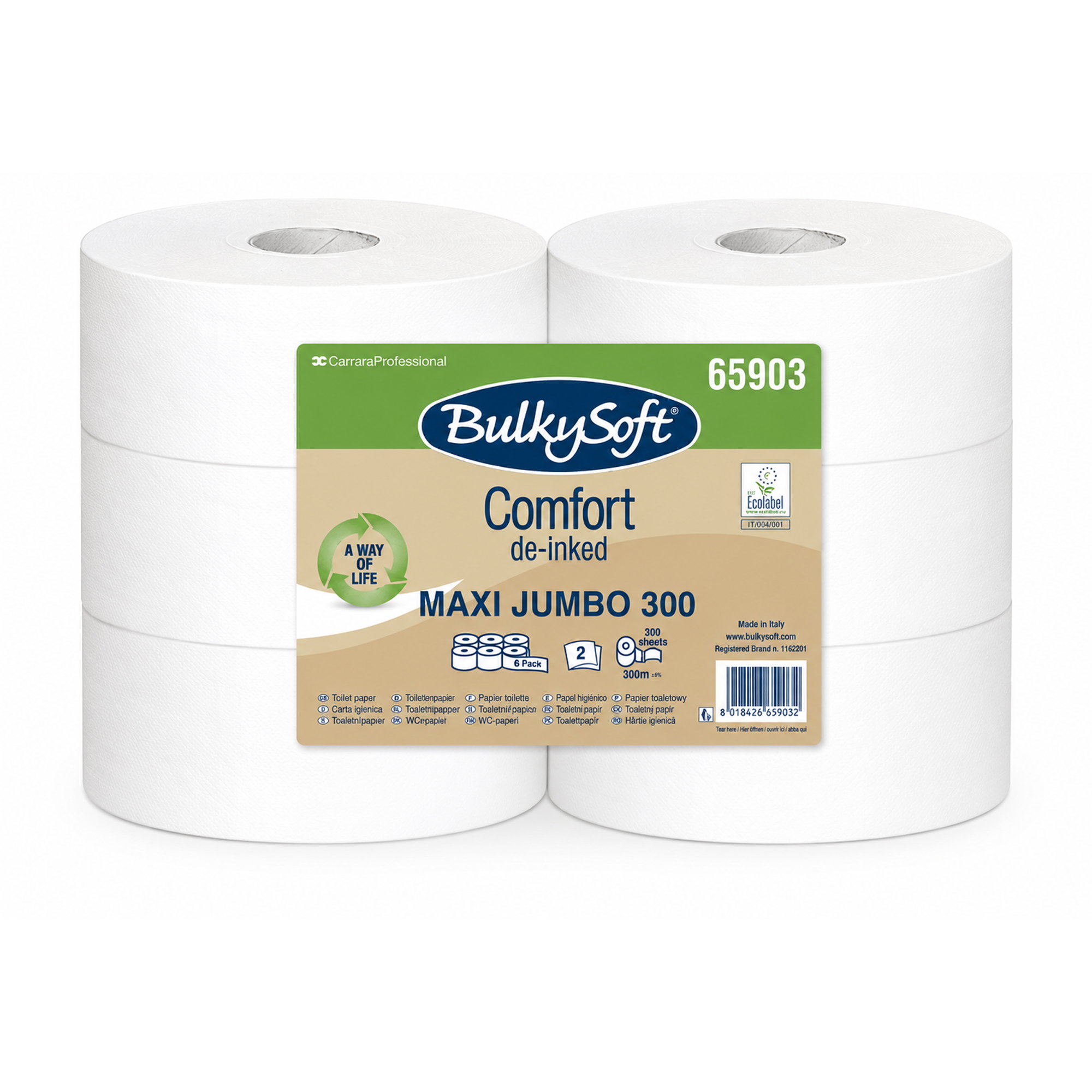 Toilettenpapier Jumborolle | 2-lagig | Recycling | 300 m | 790 Blatt |  BulkySoft 65903 Comfort
