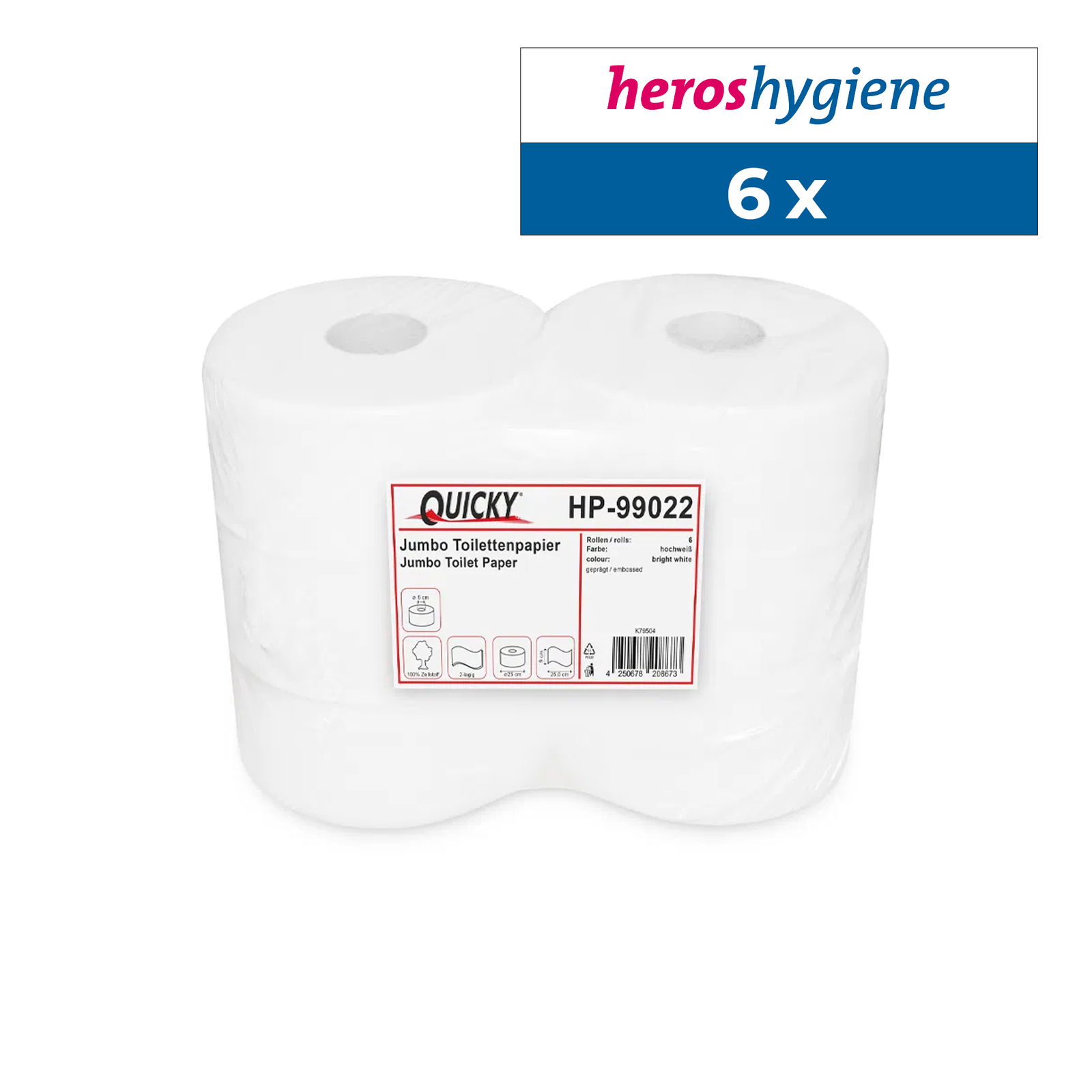 QUICKY HP-99022 | Toilettenpapier Jumborollen Zellstoff 2-lagig | 6 Rollen
