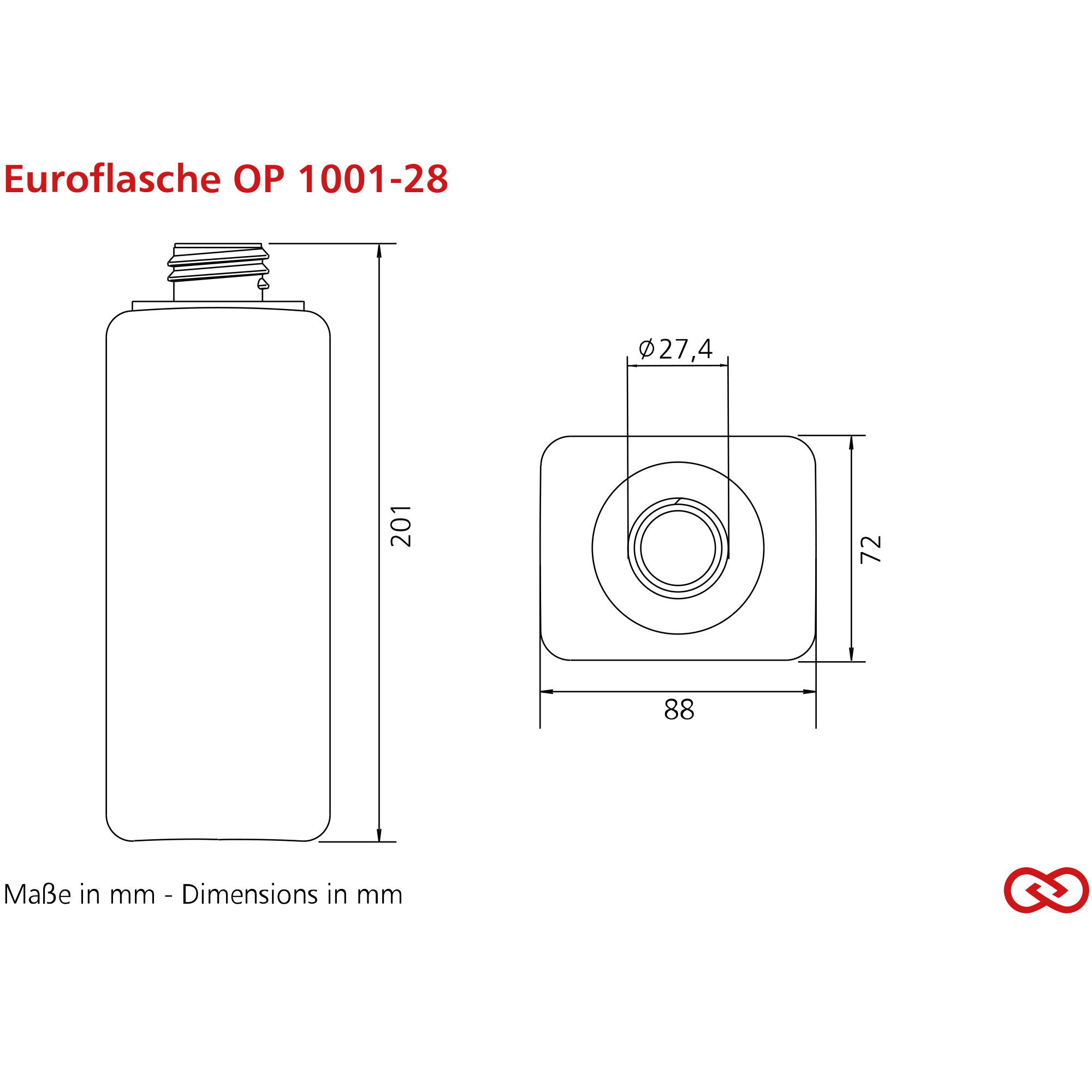 Flasche, Euroflasche OP 1001-28, Maße 201x88, Schraubverschluss, Kunststoff