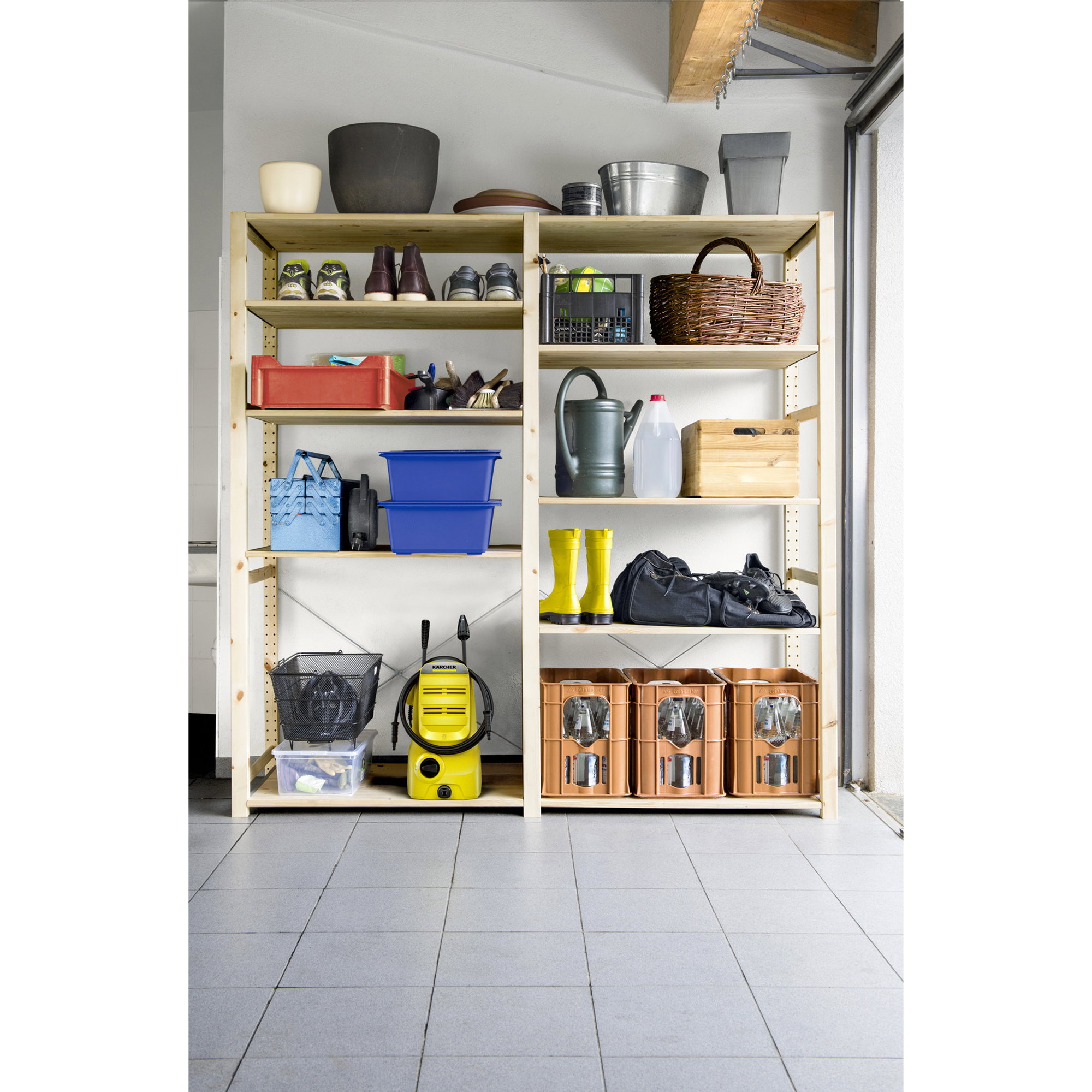 Garage Regale, Aufbewahrungsschränke, Metallbehälter, Gartenwerkzeuge, gelbe Hochdruckreiniger