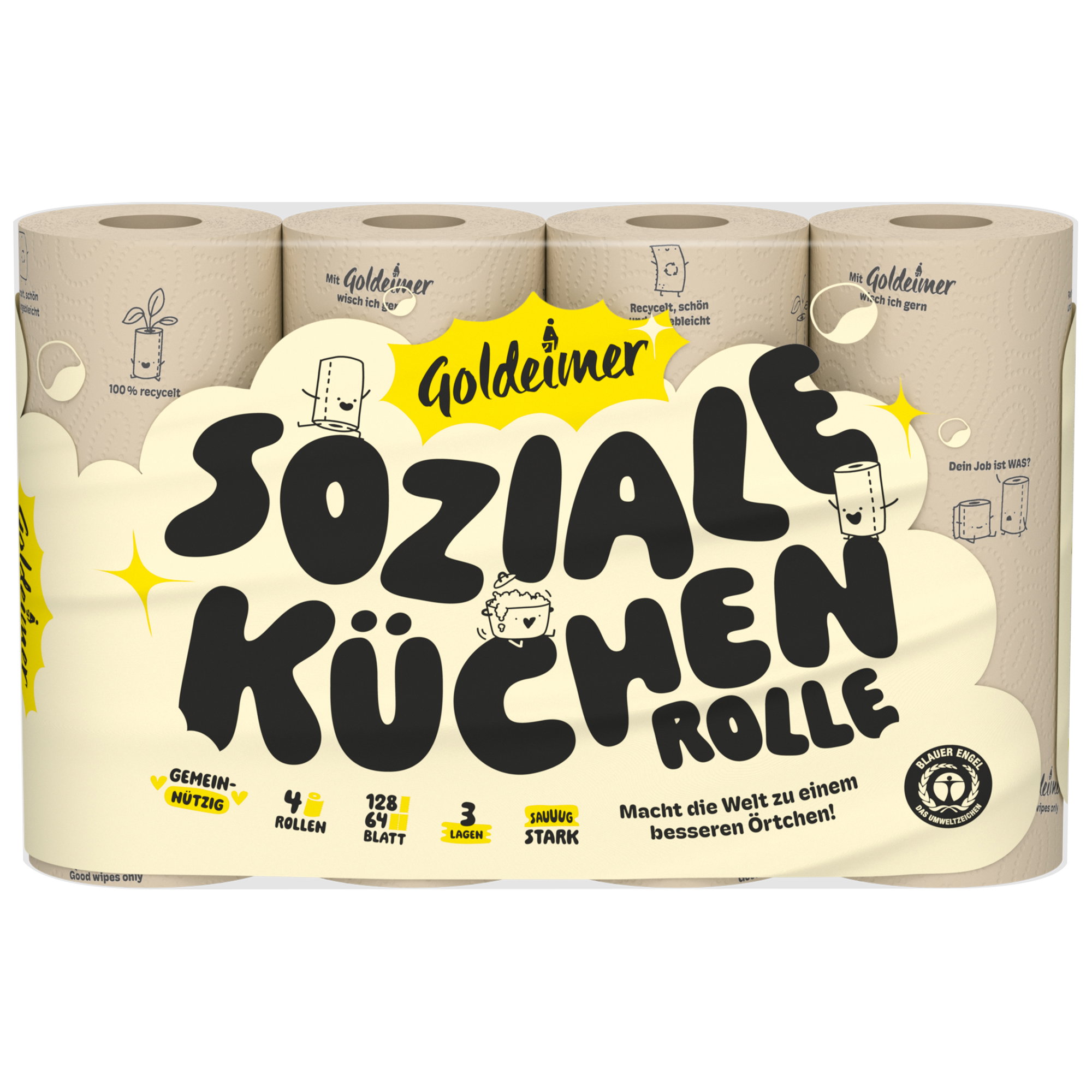 Küchenrolle, Papierrolle, 80 Blatt?, Recyclingpapier, Gelb-schwarz Design, Klopapier, Rollenpapier, Holzoptik, Küchenrolle, Vier Rollen