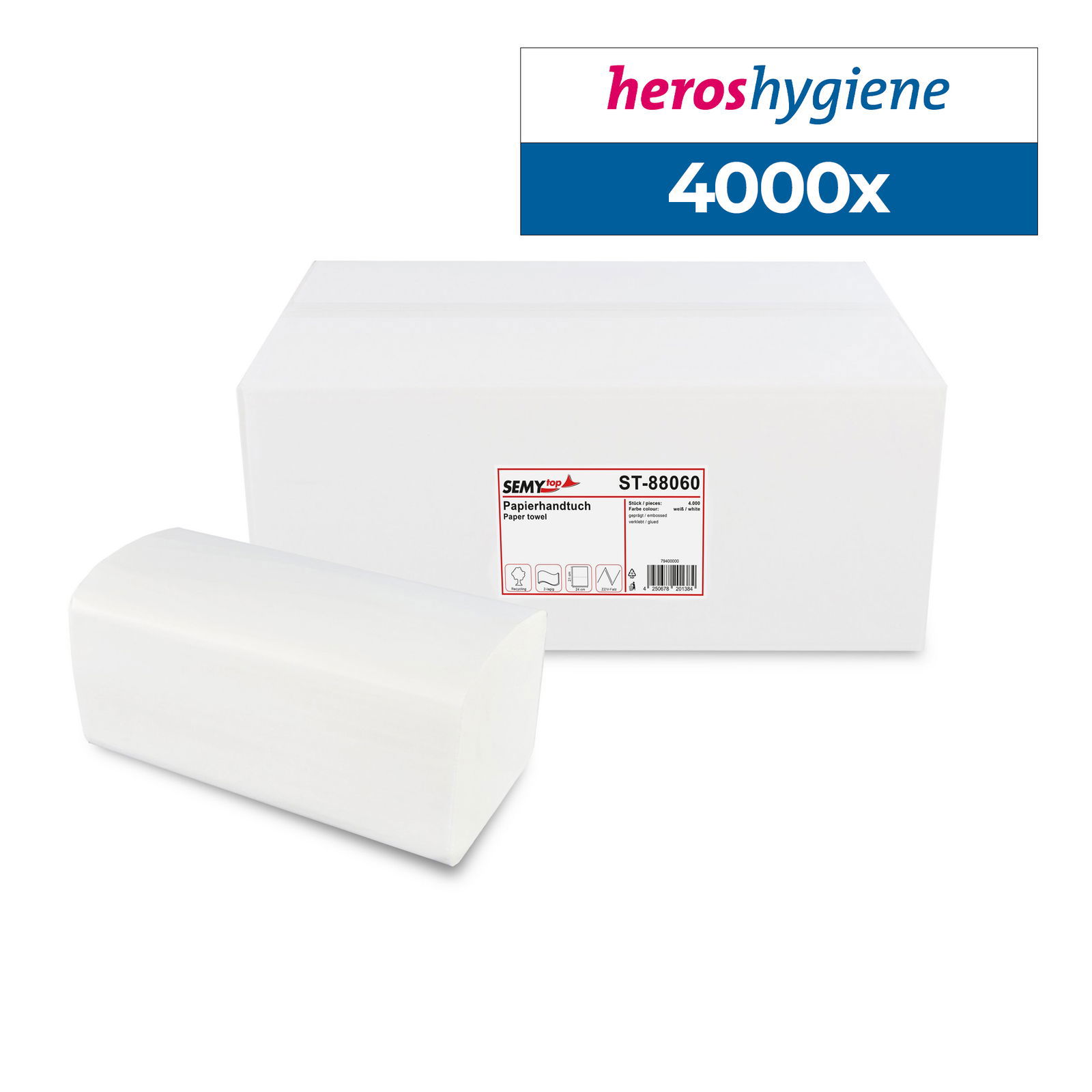 SemyTop ST-88060 Papierhandtuch recycling weiss 2-lagig V-Falz 4000 Blatt