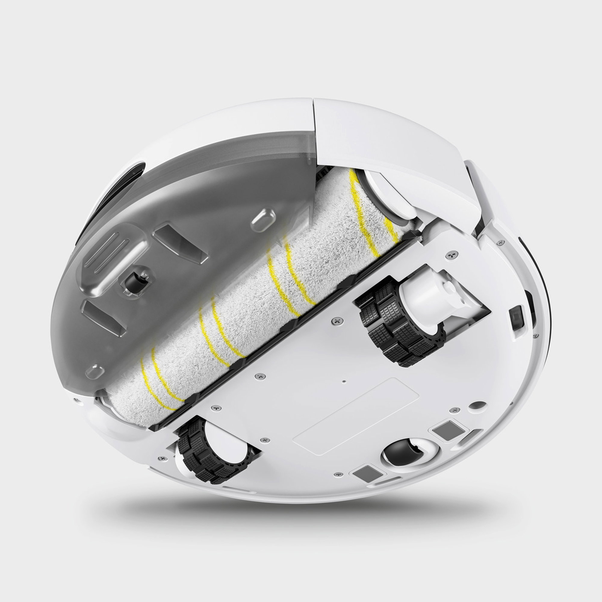 Roboterstaubsauger, Saugrolle, Filterrolle, Weißes Gehäuse, Rollenräder