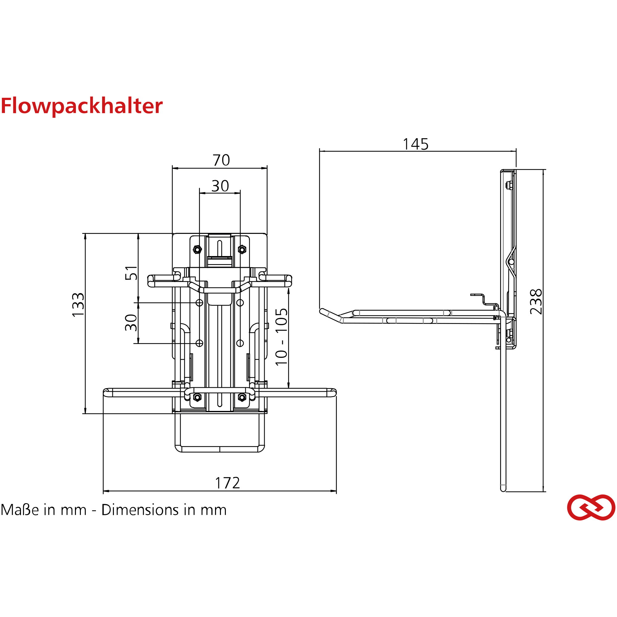 Flowpackhalter, Montagehalter, Maße-mm, Technische Zeichnung, Metall