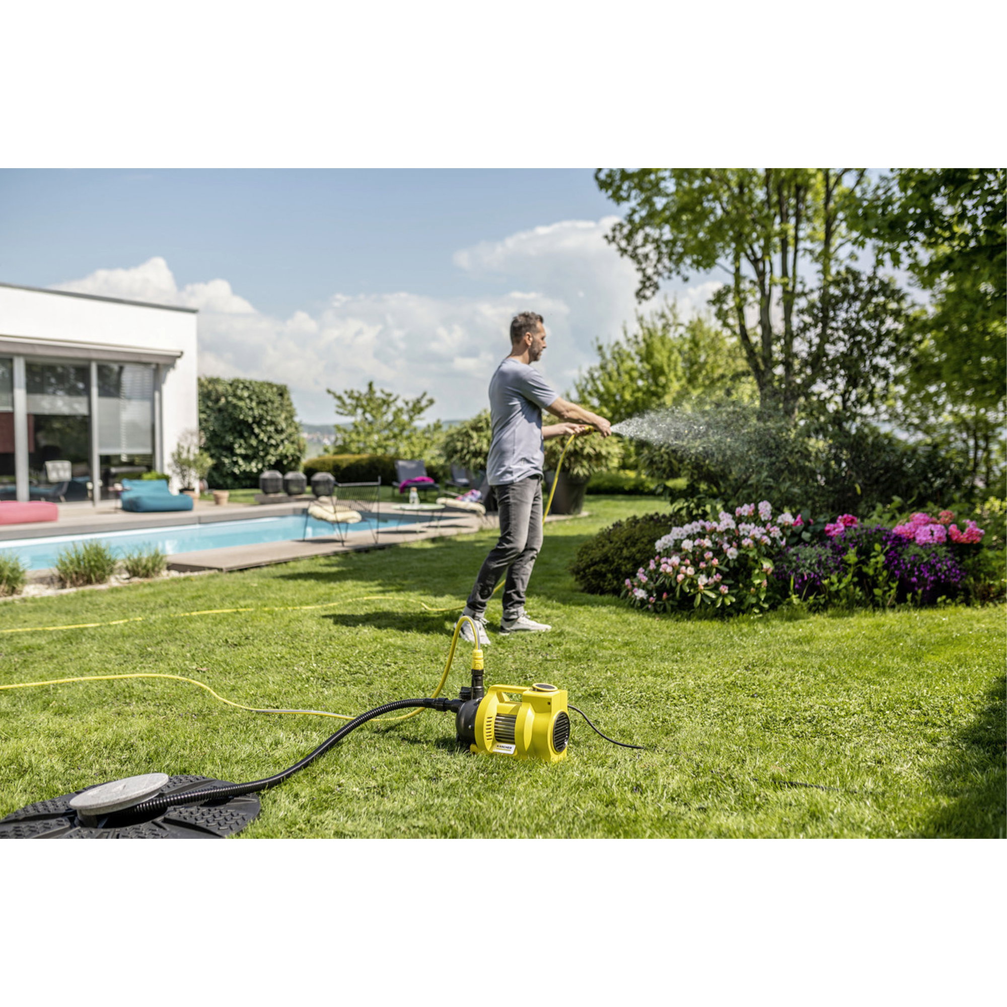 Garten, Gartenbewässerung, Wasserspritze, Pumpe, Gras