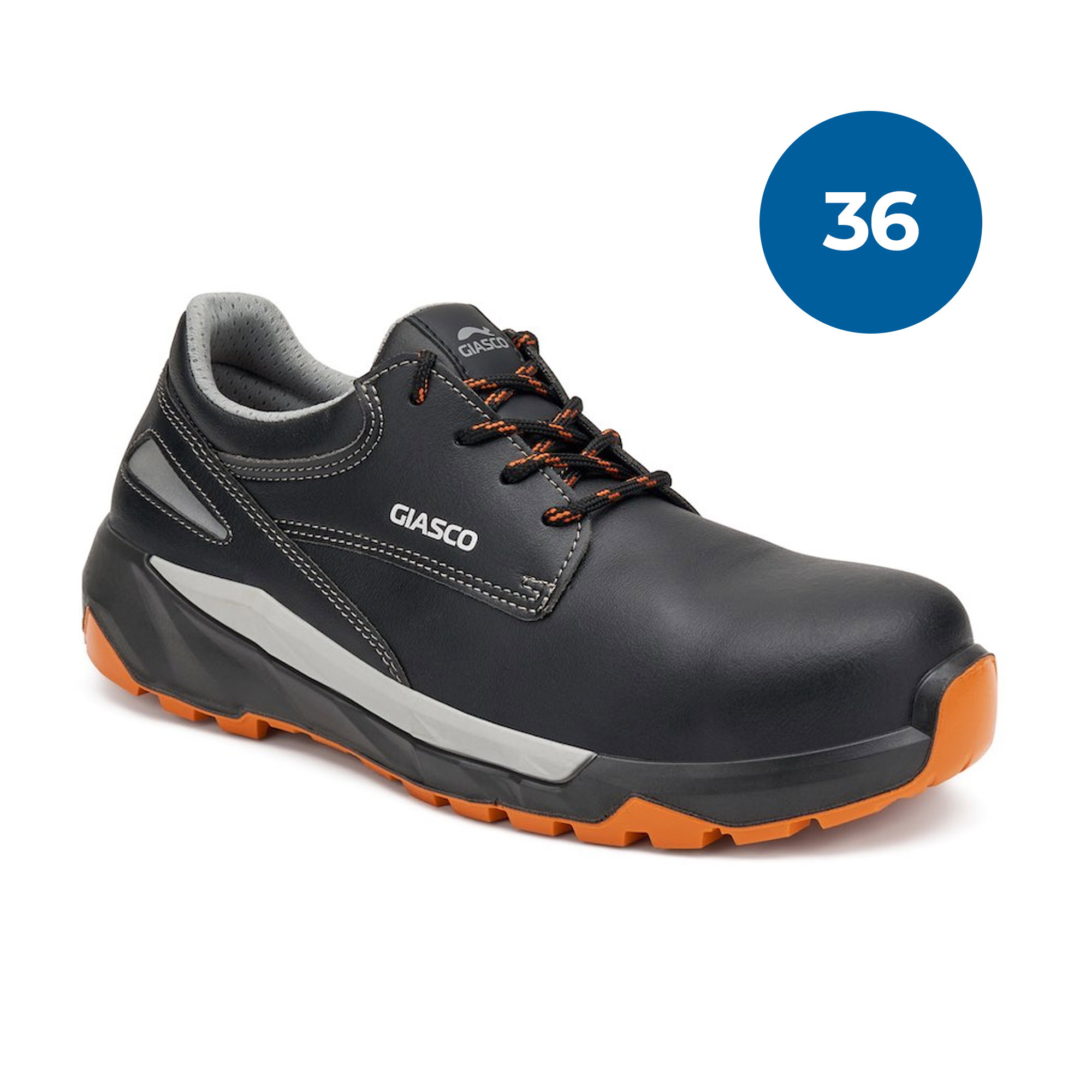 Sicherheitsschuh, Arbeitsstiefel, Lederoberfläche, orangene Sohle, geschnürter Schuh