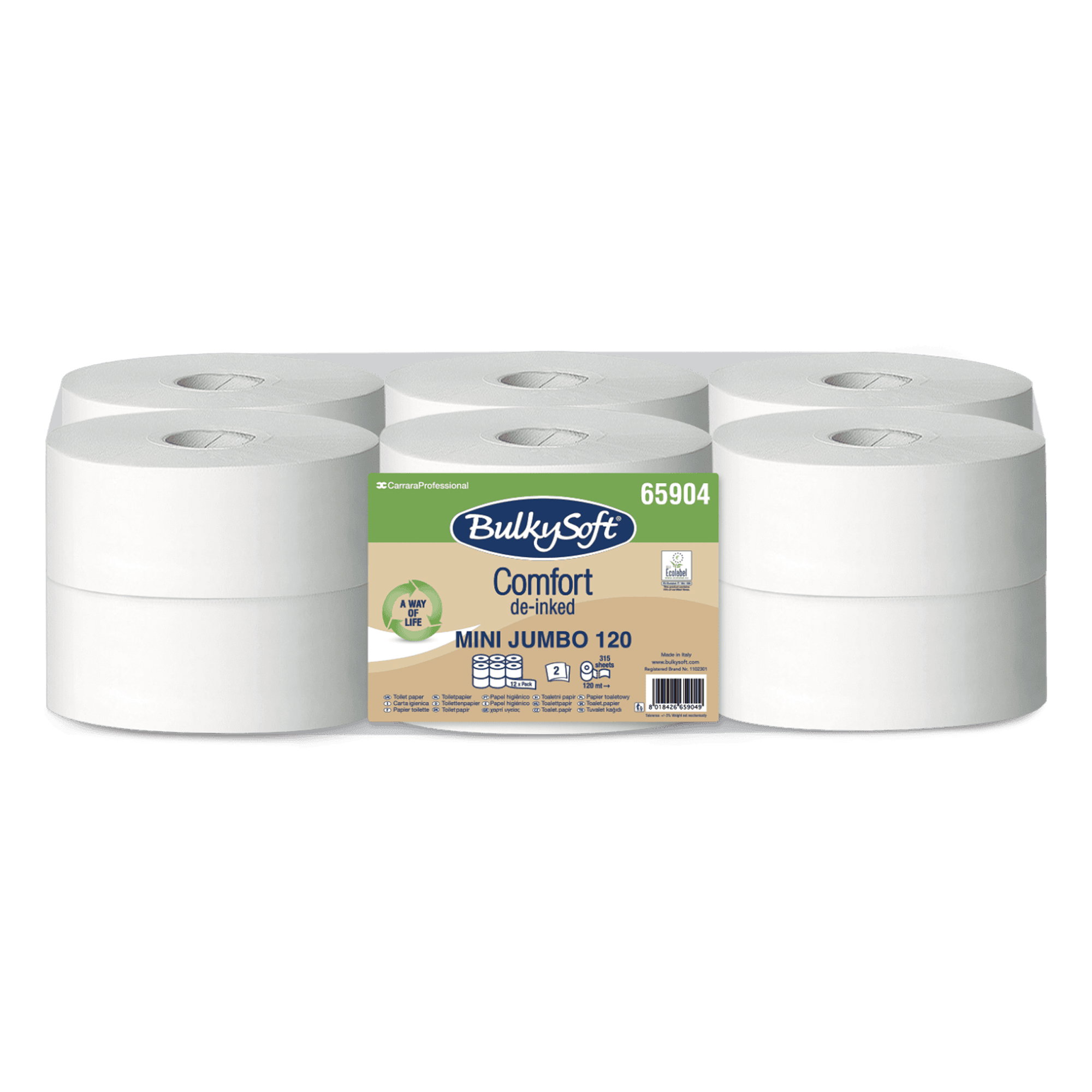 Toilettenpapier Jumborolle | 2-lagig | Recycling | 120 m | 315 Blatt | BulkySoft 65904 Comfort
