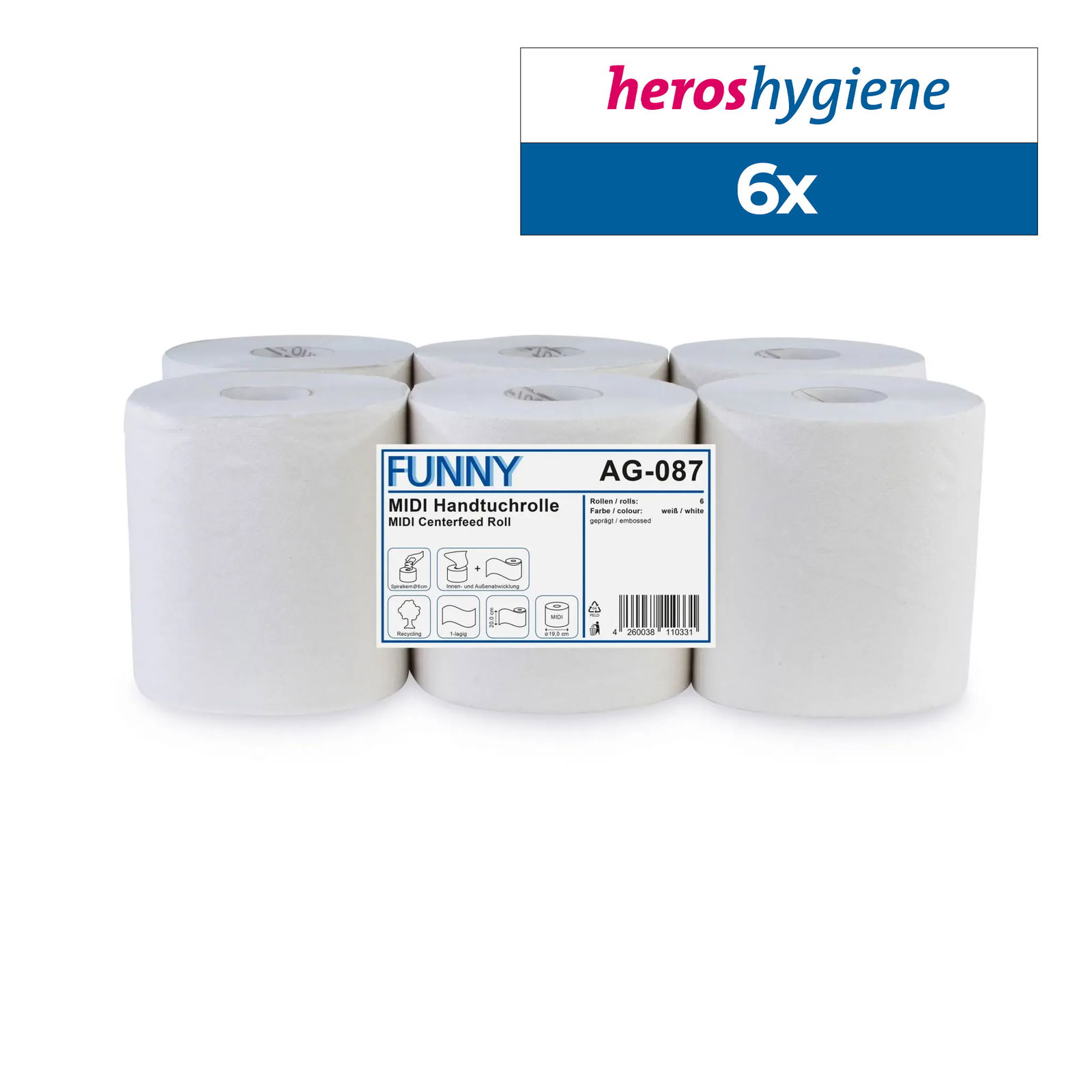 Funny AG-087 Handtuchrolle MIDI 1-lagig recycling weiss 6 Rollen
