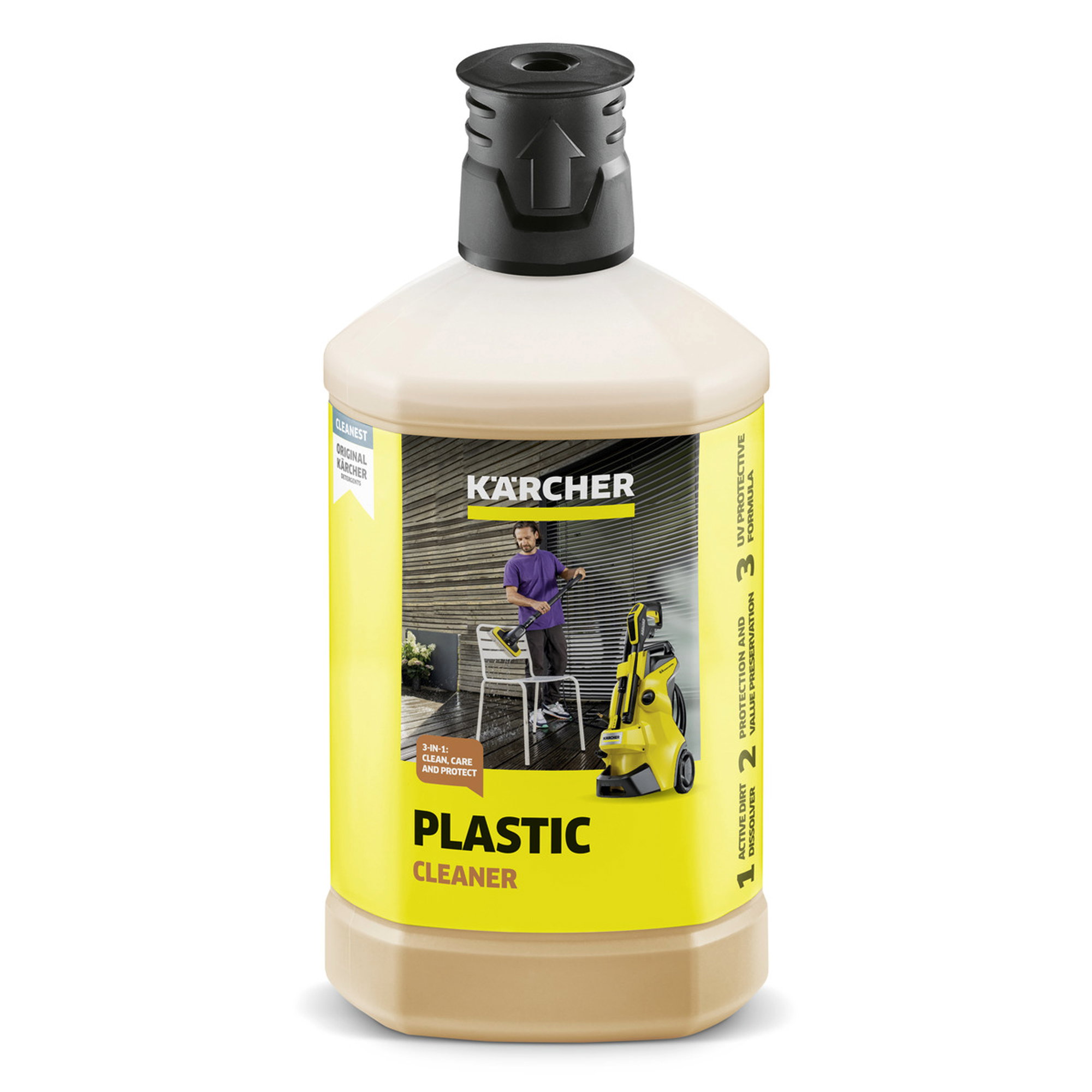 Plasticreiniger, Kärcher, braune Flasche, gelbes Etikett, Auslöserspray