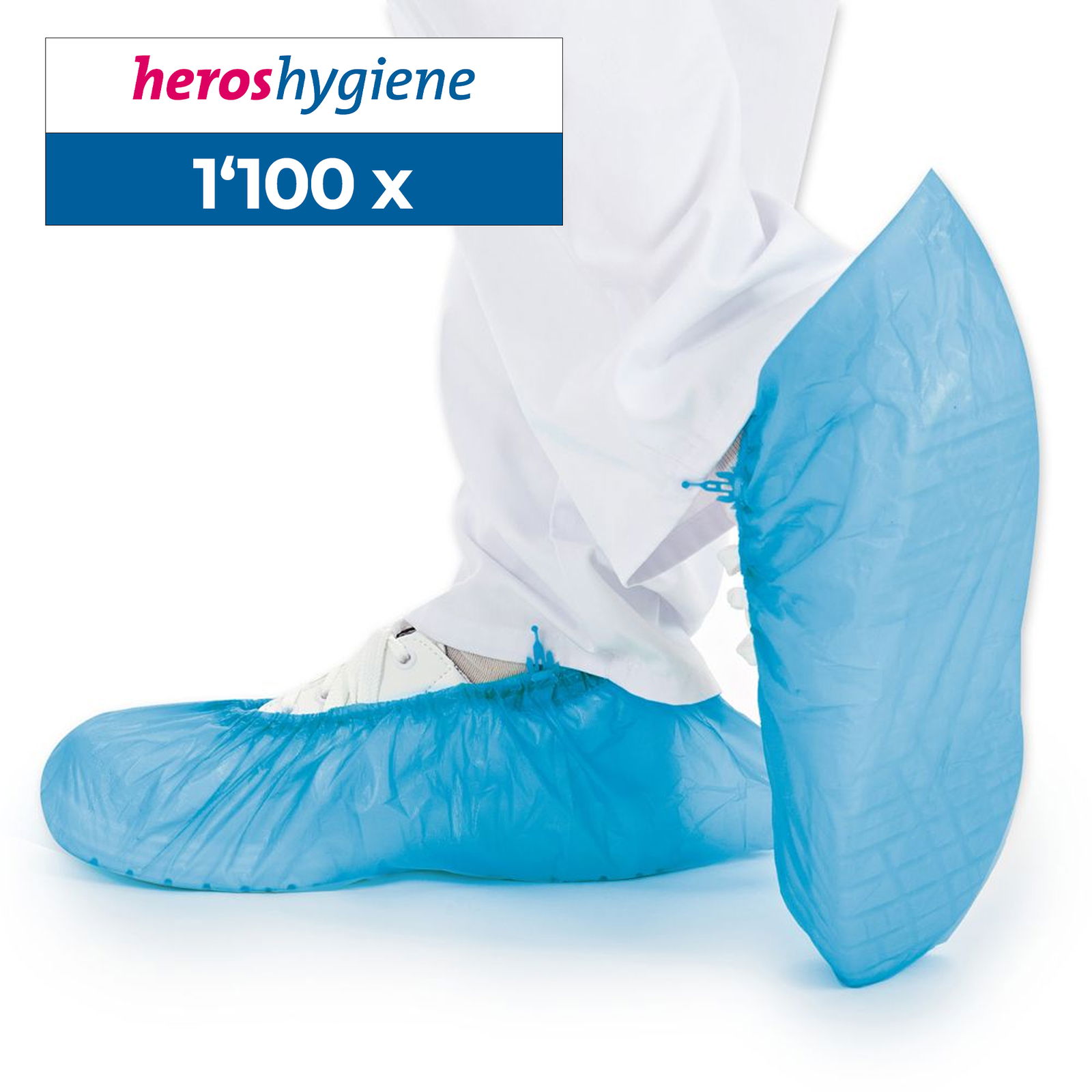 Blue CPE shoe covers for Hygomat