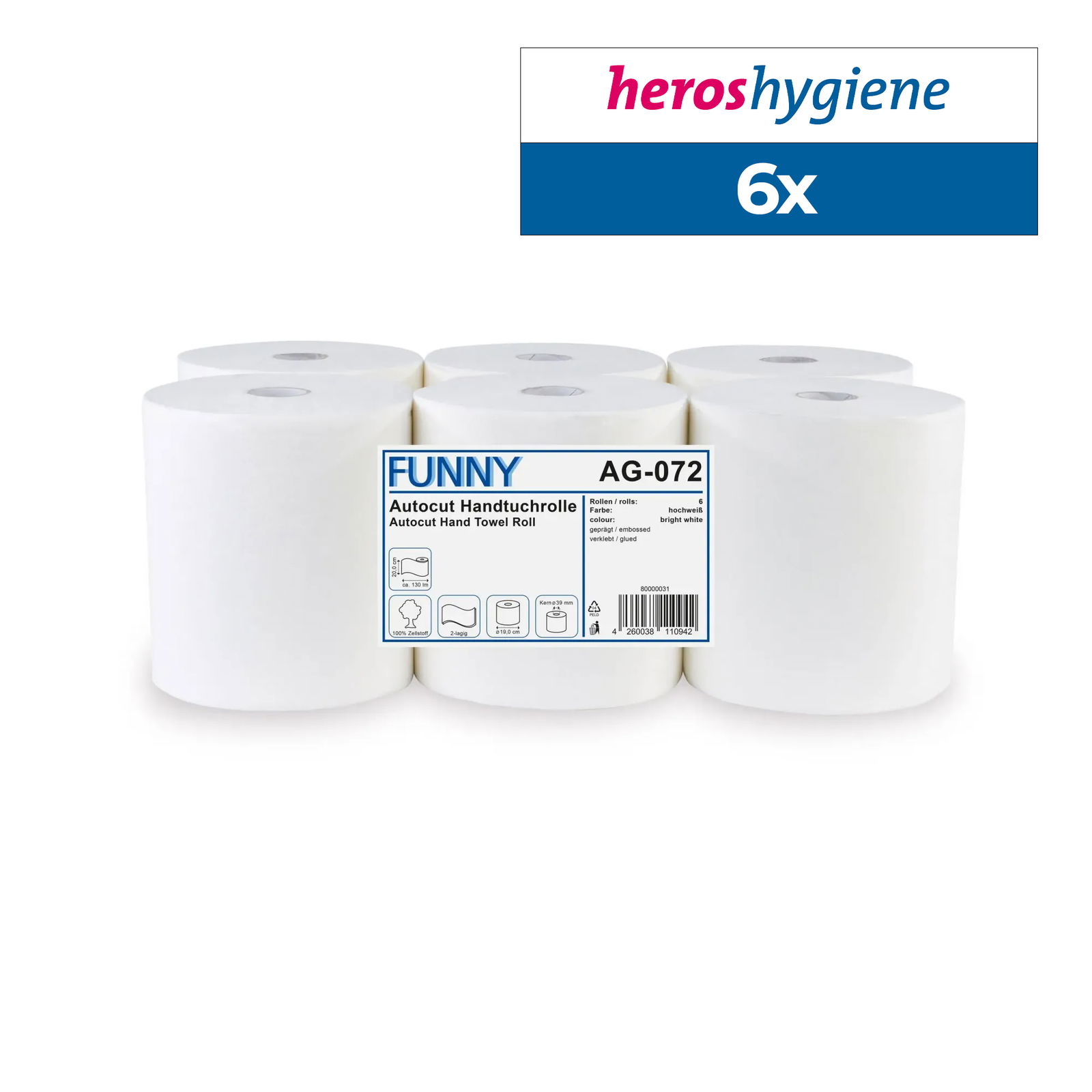 Funny AG-072 Handtuchrolle Autocut 20cm 2-lagig Zellstoff hochweiss 6 Rollen