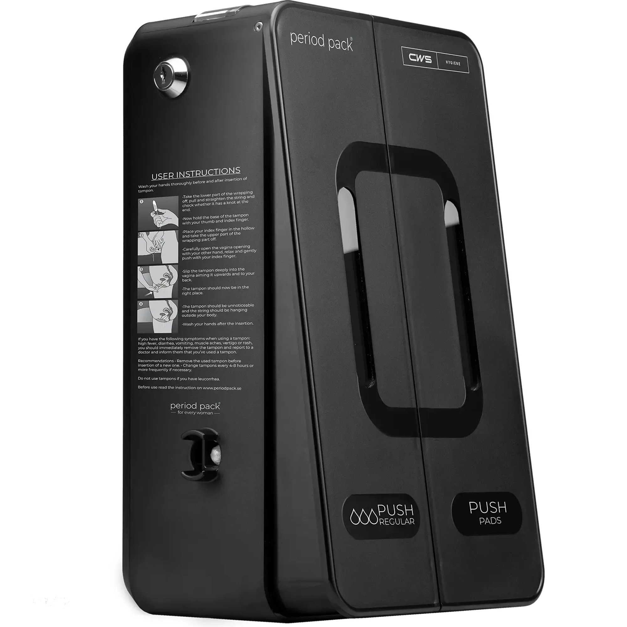 sanitary dispenser, tissue pack, wandmounted, black metal, push pads