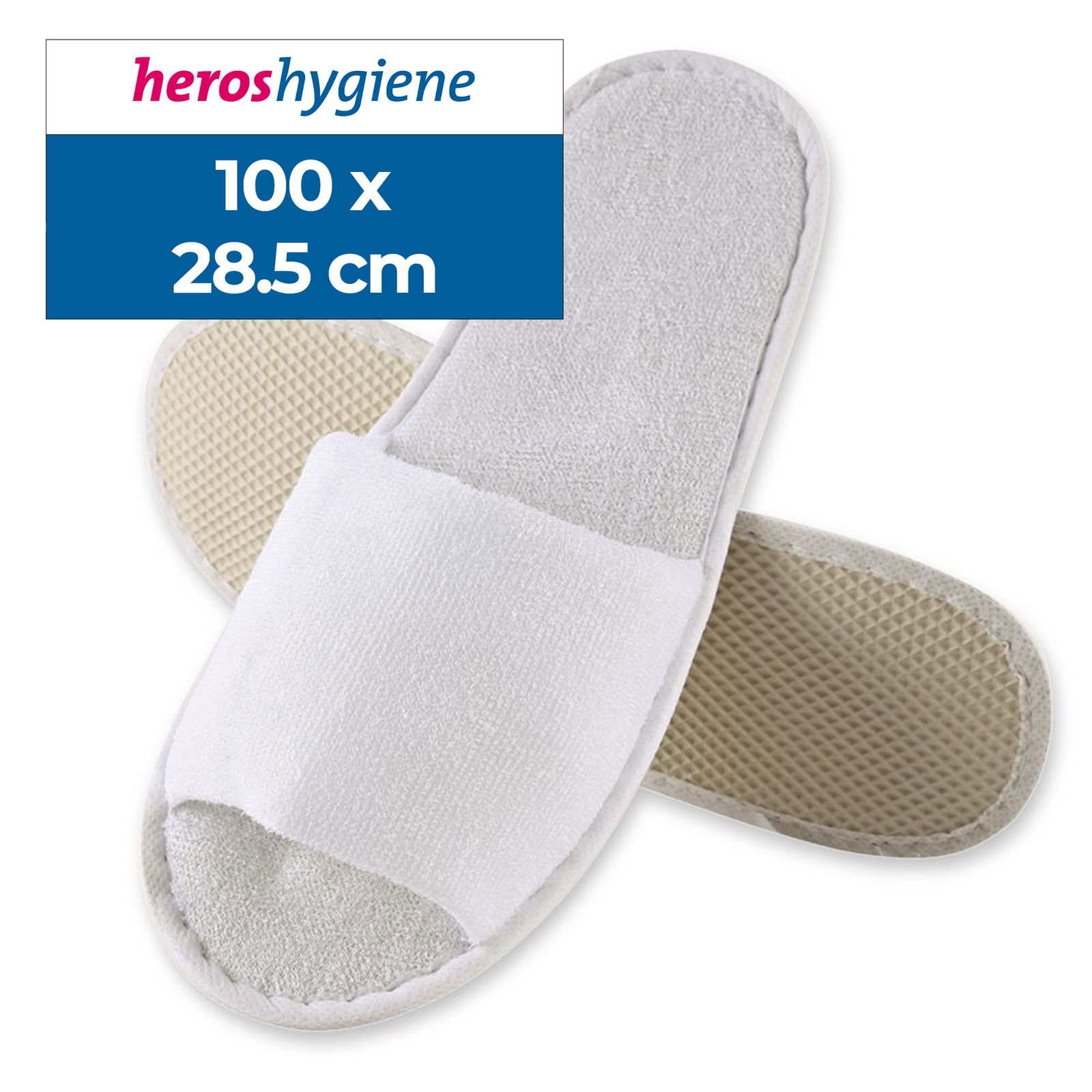 100 paia di pantofole per hotel, bianche, aperte sul davanti, lunghe 28,5 cm, in poliestere