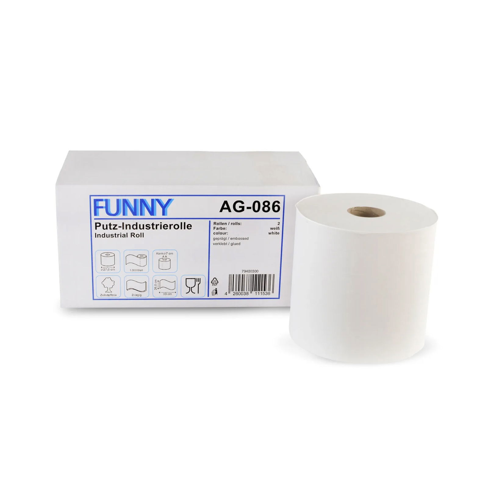 Funny AG-086 Reinigungsrolle 26cm Zellstoffmix weiss 2-lagig 2 Rollen