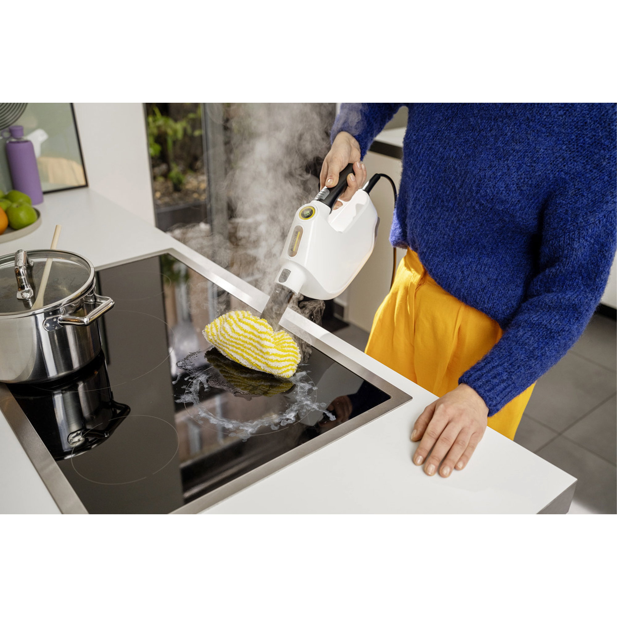 Handheld steamer, Kochfeldreiniger, Induktionskochfeld, Mikrofaserpad, Weißes Gerät