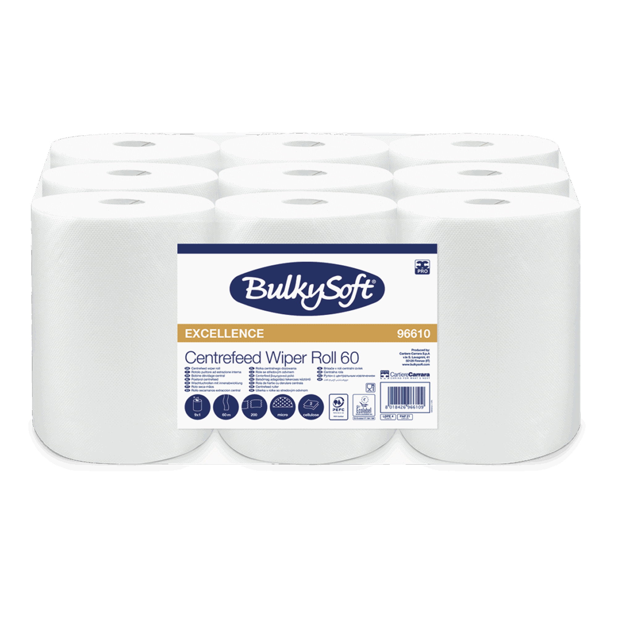 Reinigungsrollen Mini | 60 m | 2-lagig | Zellstoff | BulkySoft 96610 Excellence Centerfeed 60