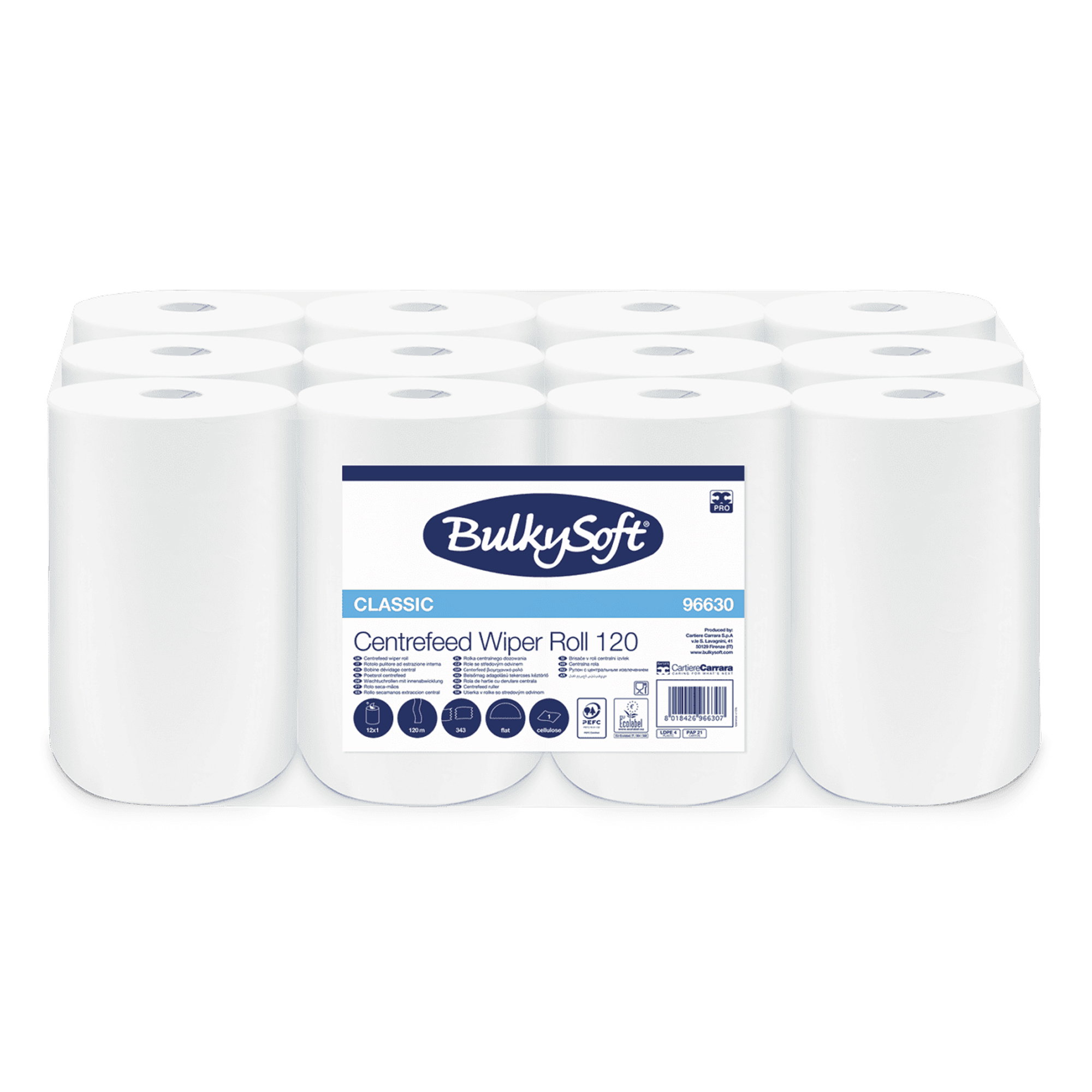 Reinigungsrollen Mini | 120 m | 1-lagig | Zellstoff | BulkySoft 96630 Classic Centerfeed 120