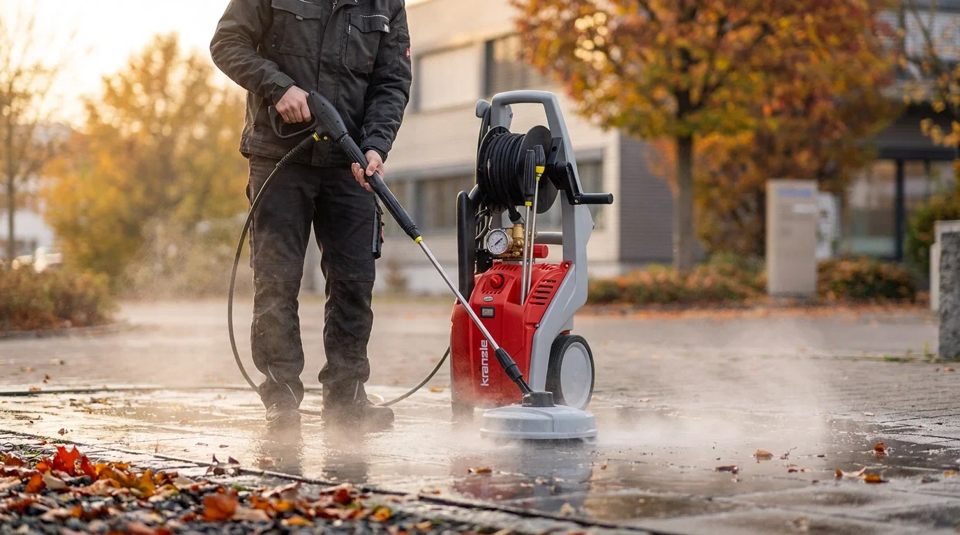 Un operatore pulisce un piazzale con un'idropulitrice e un pulitore per superfici in autunno