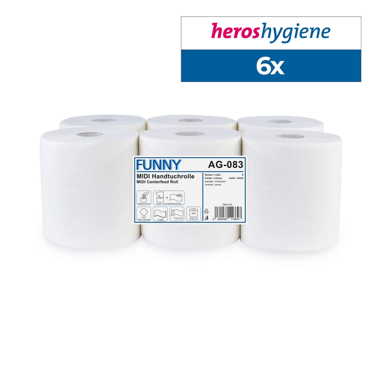Funny AG-083 Handtuchrolle MIDI 2-lagig, Zellstoff hochweiss 6 Rollen