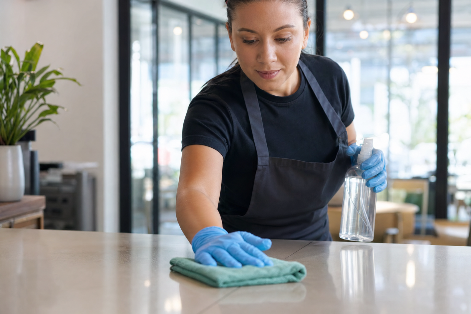Una professionista disinfetta un bancone in azienda, panno e flacone spray, superficie di contatto igienica