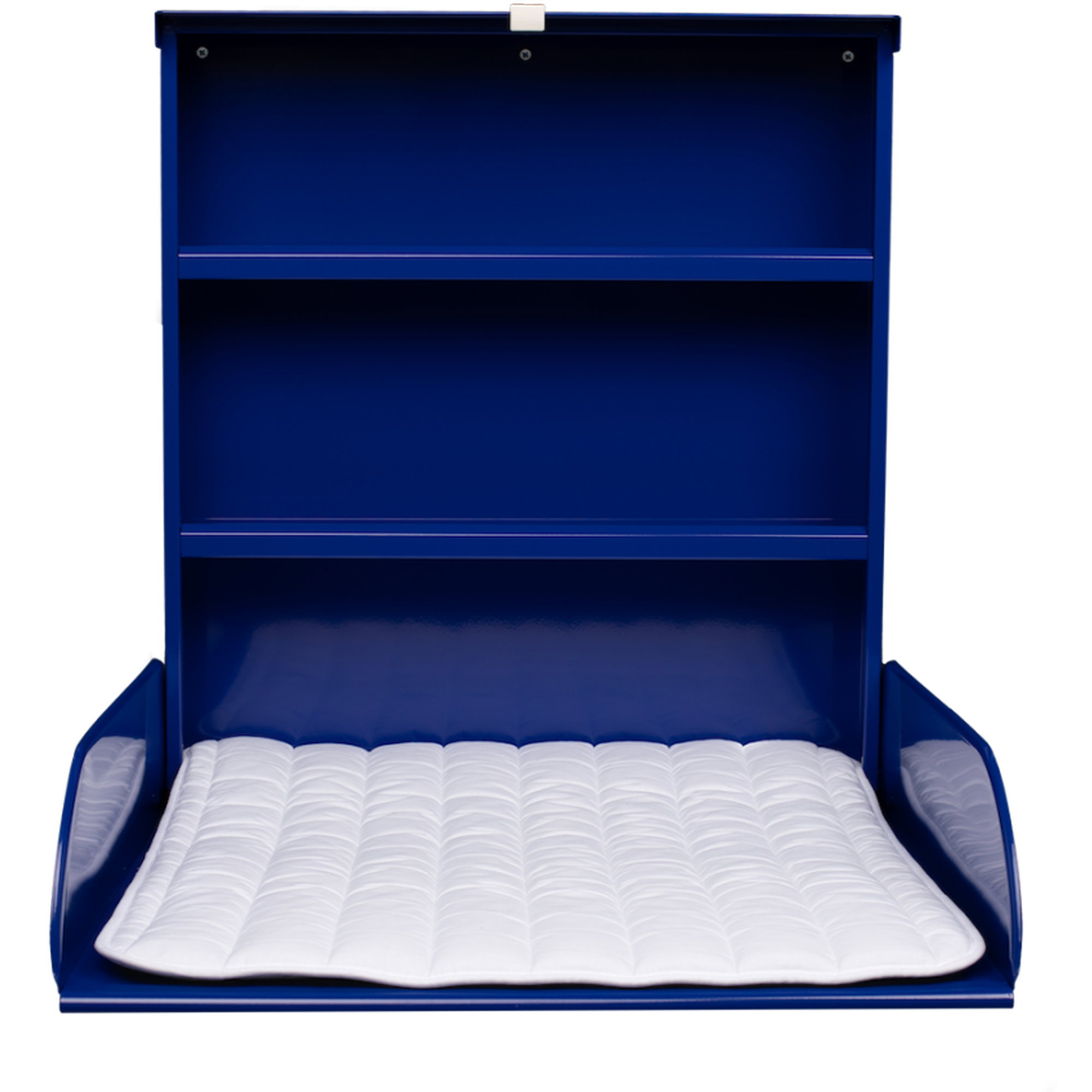 Schlafzimmer-Schrank, Kleiderschrank, Bettkasten, blaues Möbelstück, Schrank mit Matratze