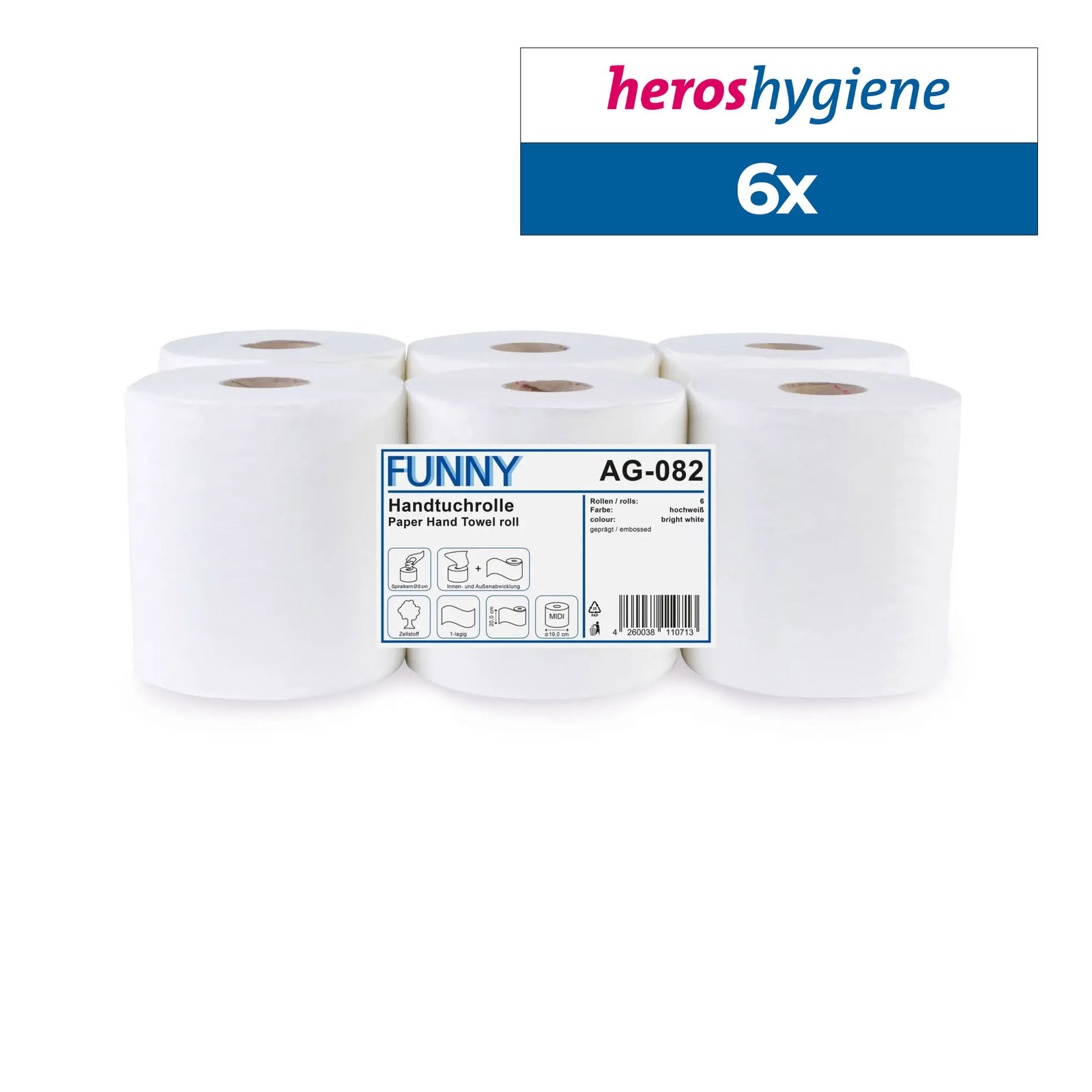 Funny AG-082 Handtuchrolle MIDI 1-lagig, Zellstoff hochweiss 6 Rollen