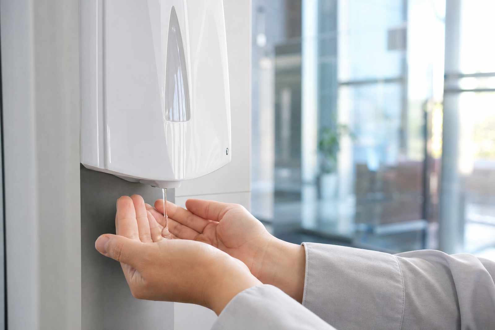 Una persona usa un dispenser a parete senza contatto di disinfettante all'ingresso
