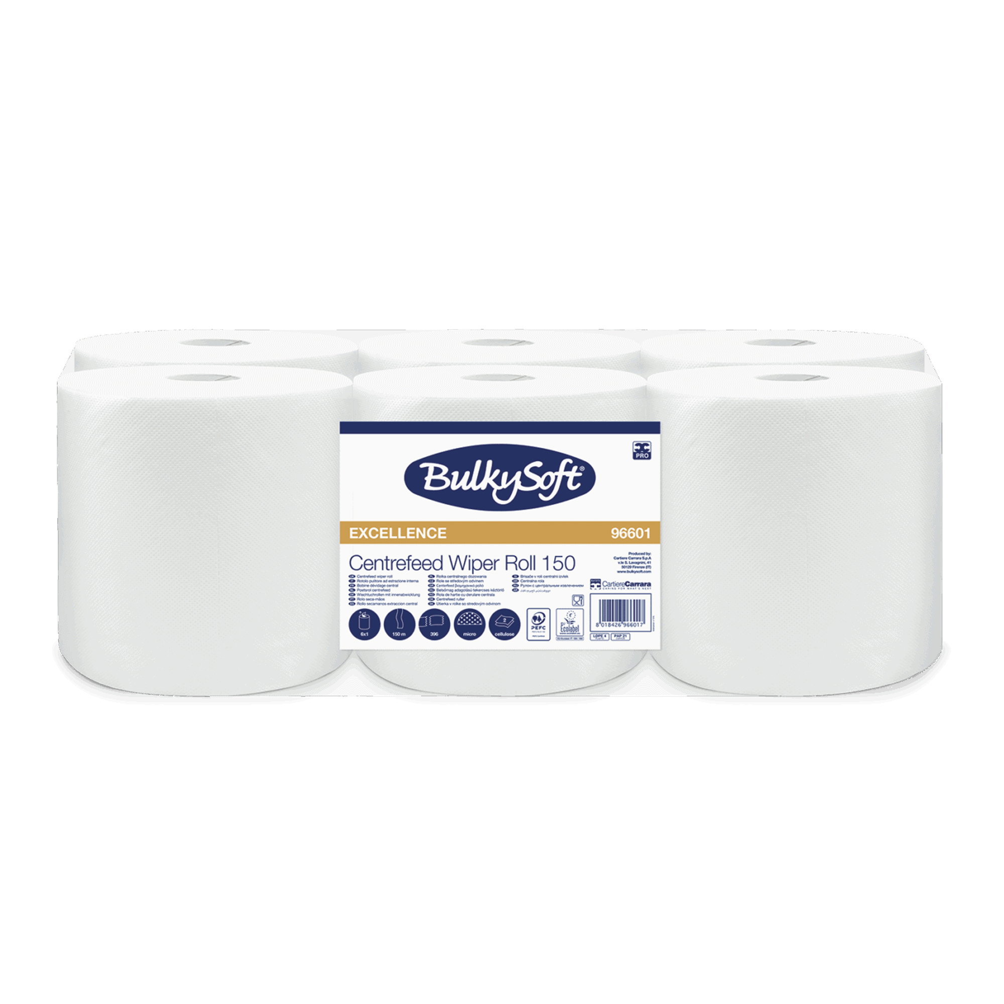 Reinigungsrollen Midi | 150 m | 2-lagig | Zellstoff | BulkySoft 96601 Excellence Centerfeed 150