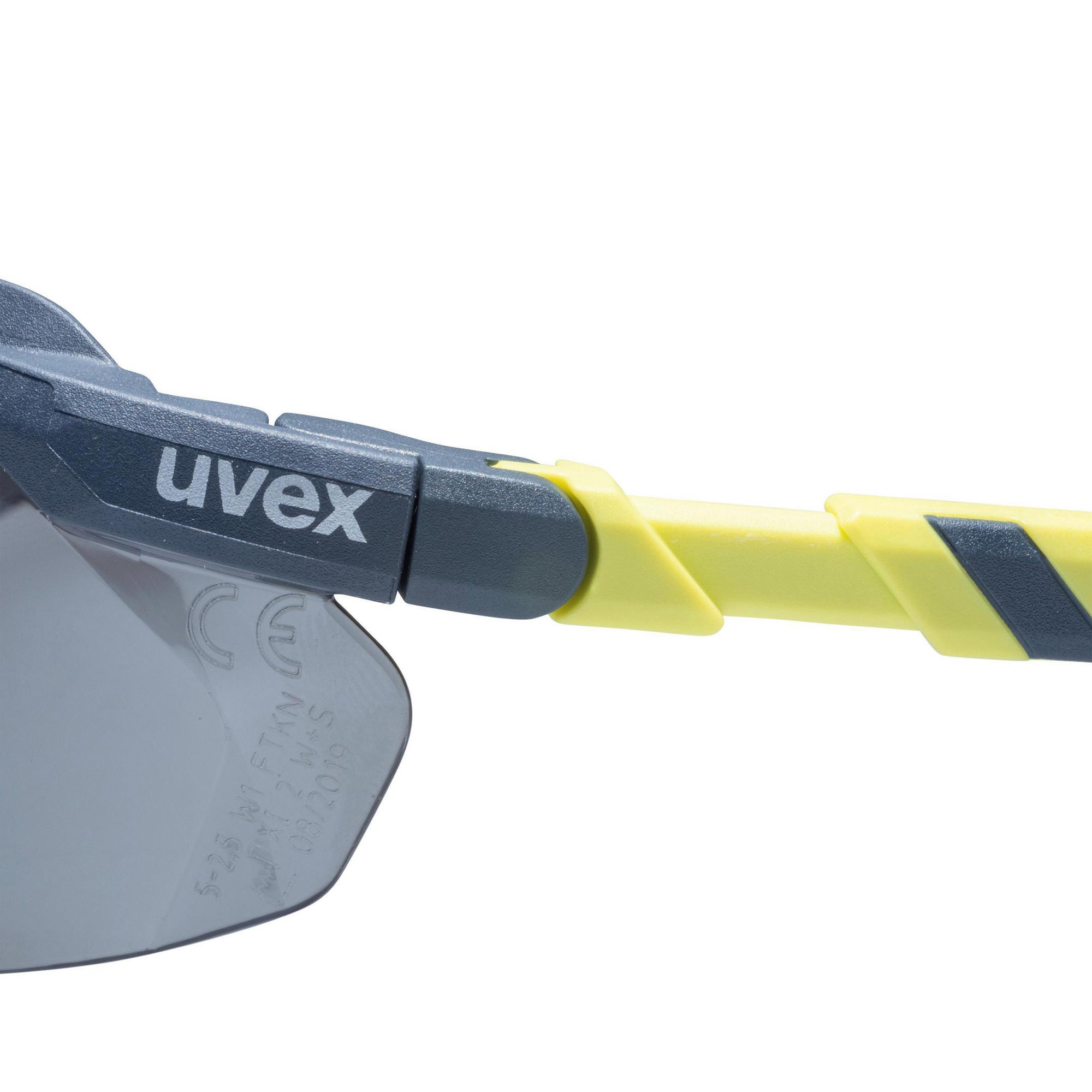 Sicherheitsbrille, Schutzbrille, gelber Gurt, blaues Gestell, UVEX-Logo
