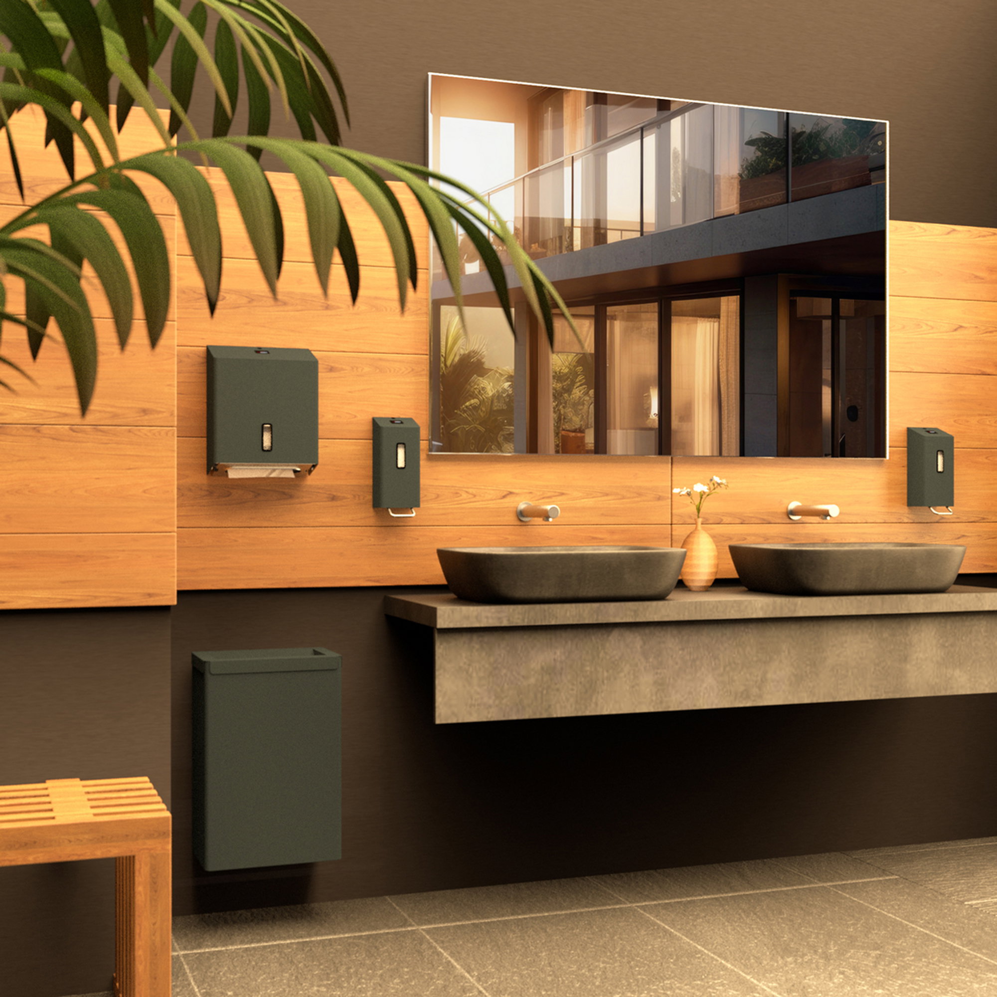 Badezimmer, Doppelwaschtisch, Steinbecken, Holzverkleidung, Vasenspiegel?
