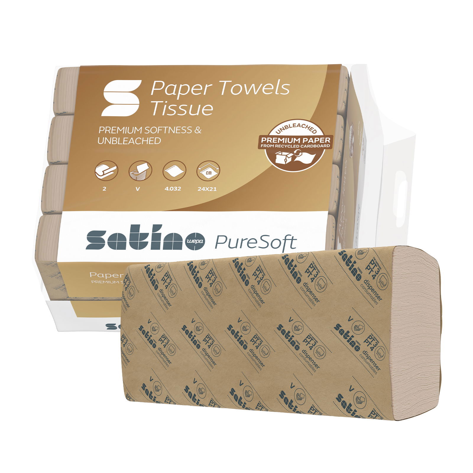 Essuie-mains en papier pliage V 2 plis recyclé Satino PureSoft 278110