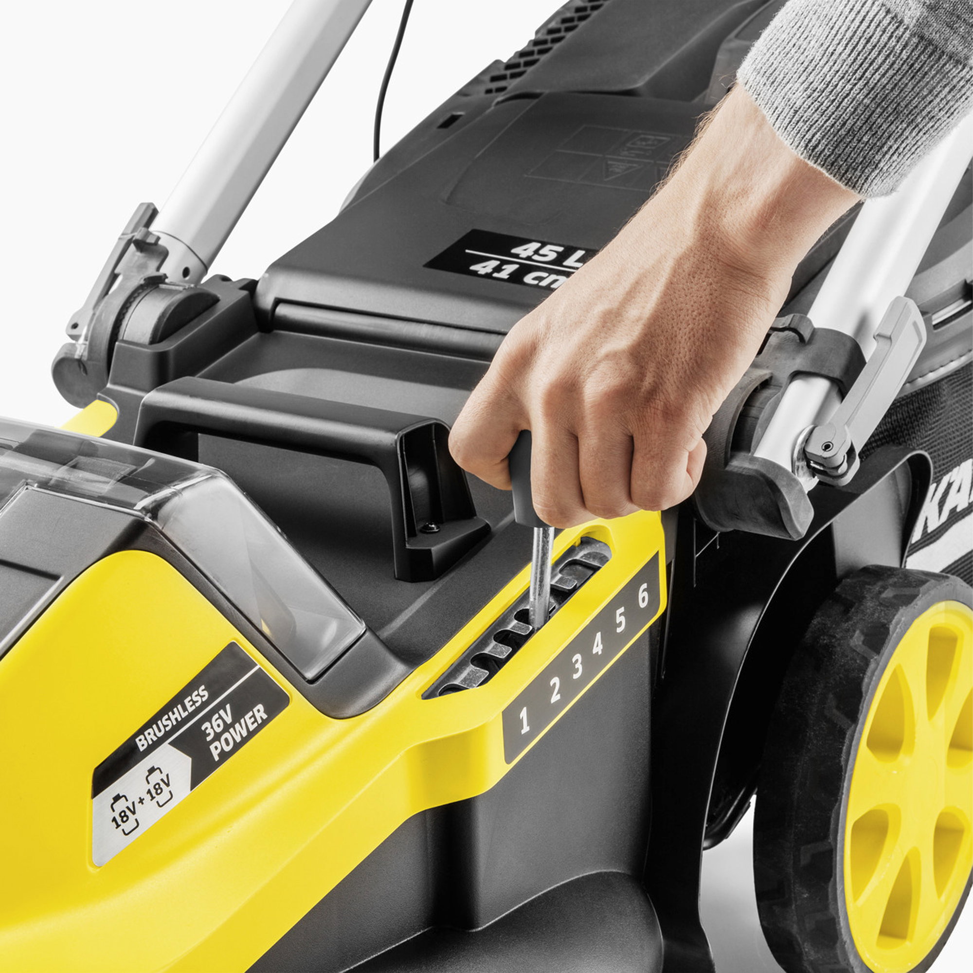 Akku-Rasenmäher, Elektro-Rasenmäher, Gelb-Schwarz, Räder/ grobe Räder, Bedienknöpfe schiebeinstellung
