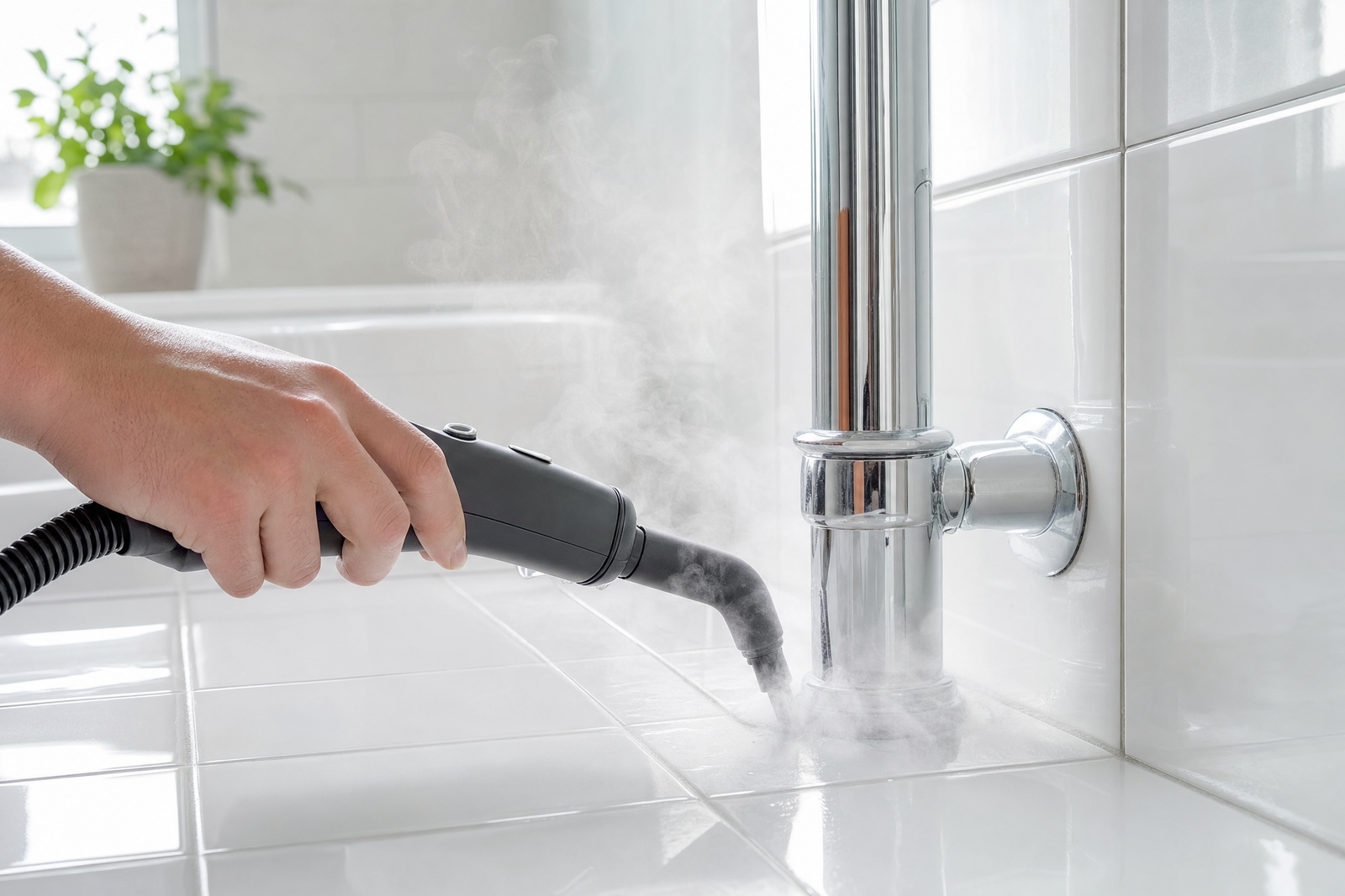 Steam cleaner on tile grout and a chrome fitting in a washroom