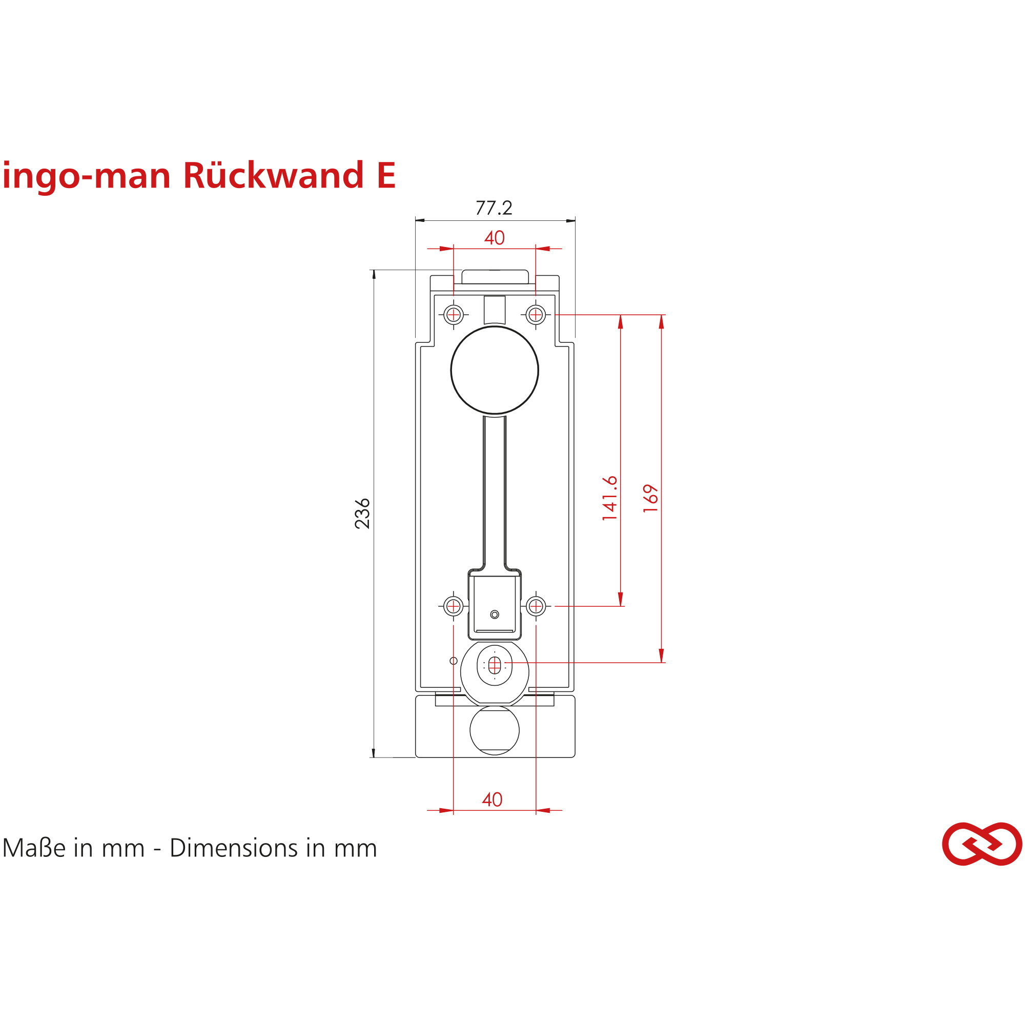 Rückwand-Schloss, Türbeschlag, Kernmechanismus, Maße-mm, Bauzeichnung