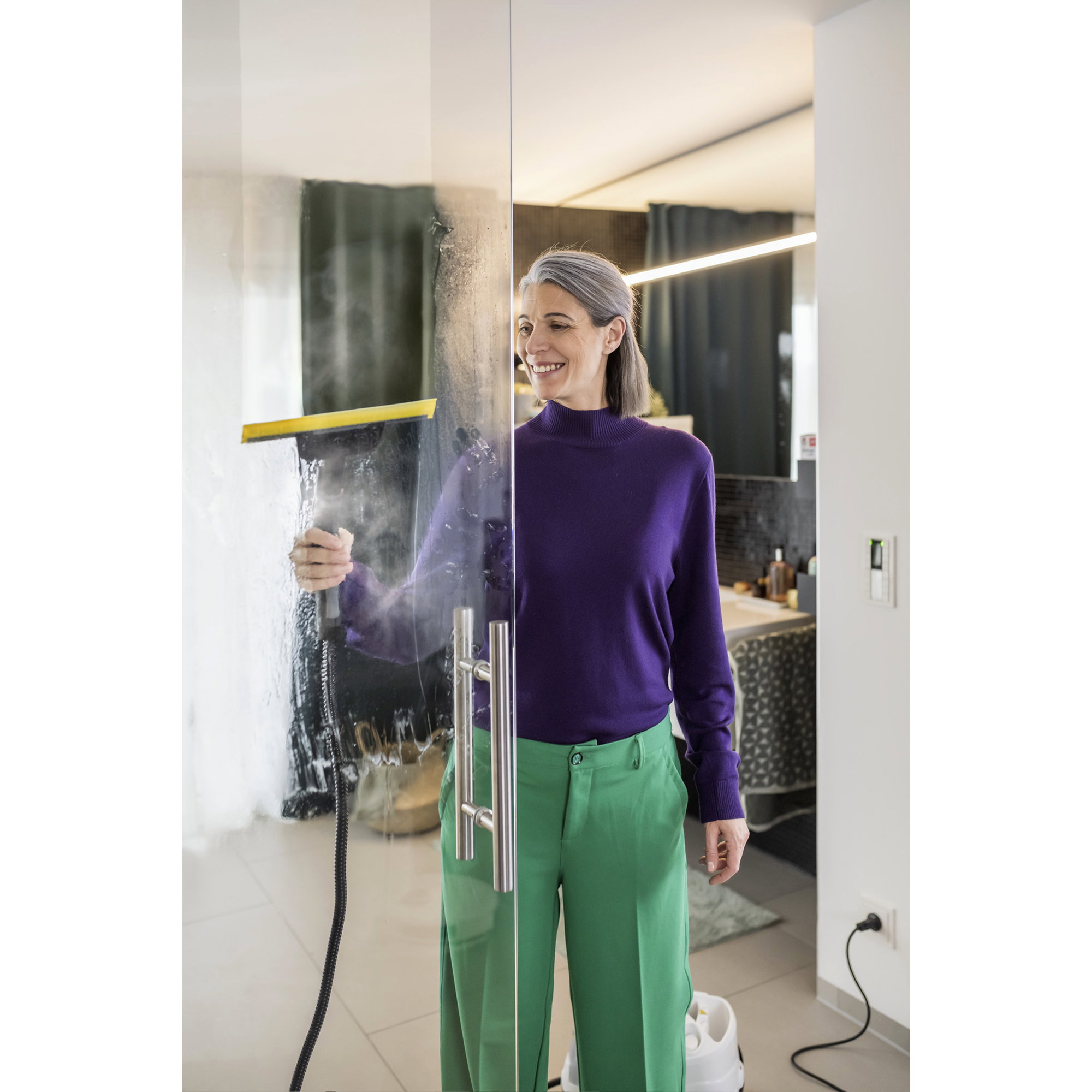 glasses, glossy glass, woman, lilac sweater, green pants
