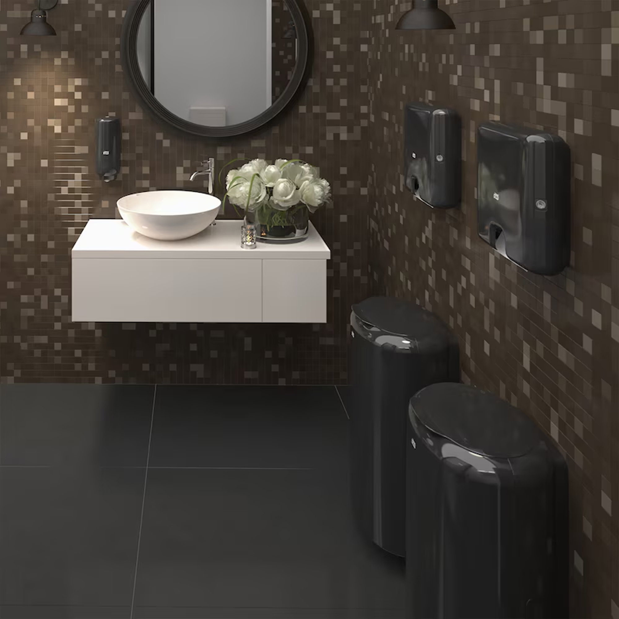 b bathroom, bathroom sink, vessel sink, round mirror, tile wall