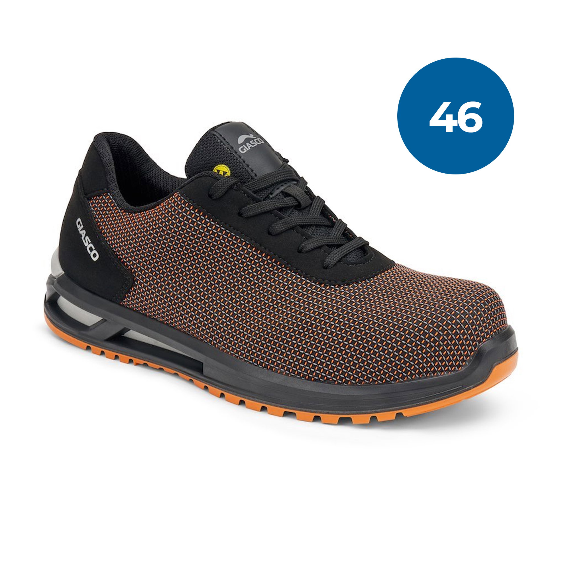 Sneaker, Mesh upper, Orange accents, Black-gray sole, Low-cut