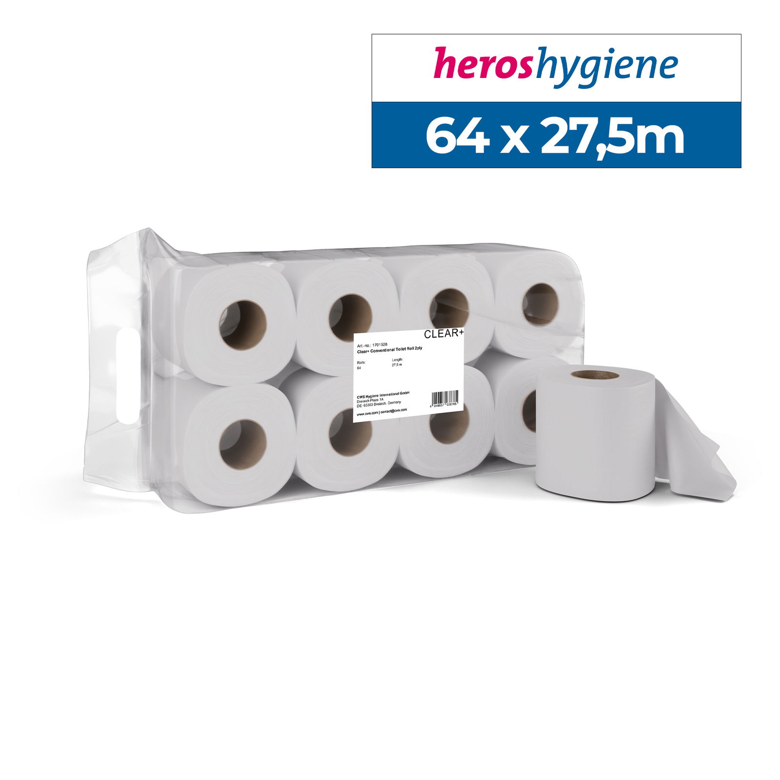Clear+ 1701528 Toilettenpapier 2-lagig 64 Rollen