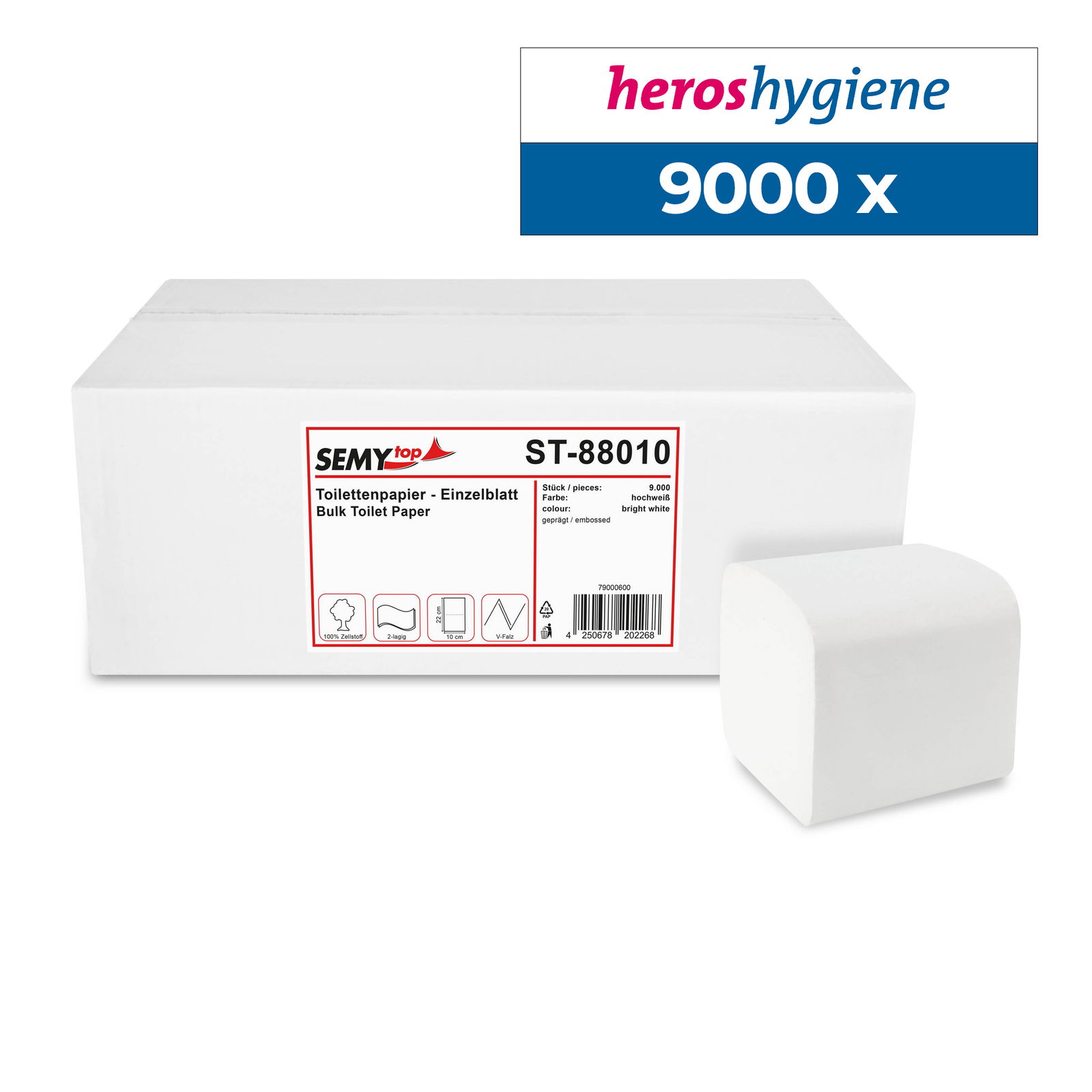 SemyTop ST-88010 Toilettenpapier Einzelblatt 2-lagig Zellstoff 9000 Blatt