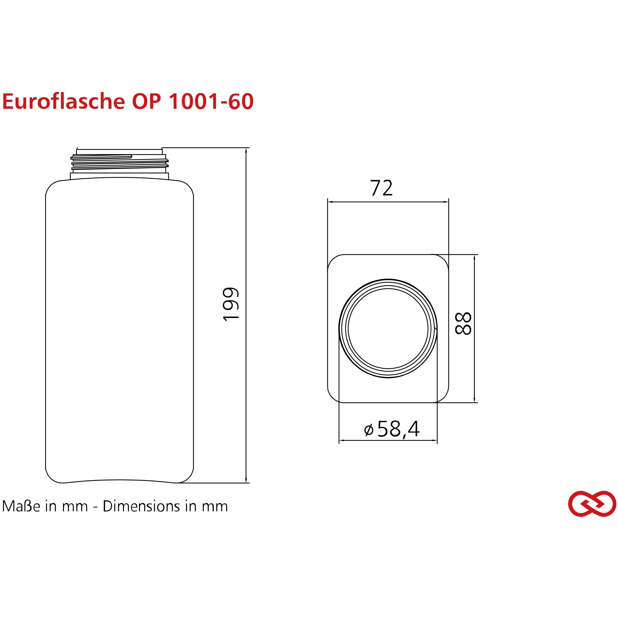 Flasche, OP 1001-60, Durchmesser 58.4 mm, Maße mm, Flaschenkörper